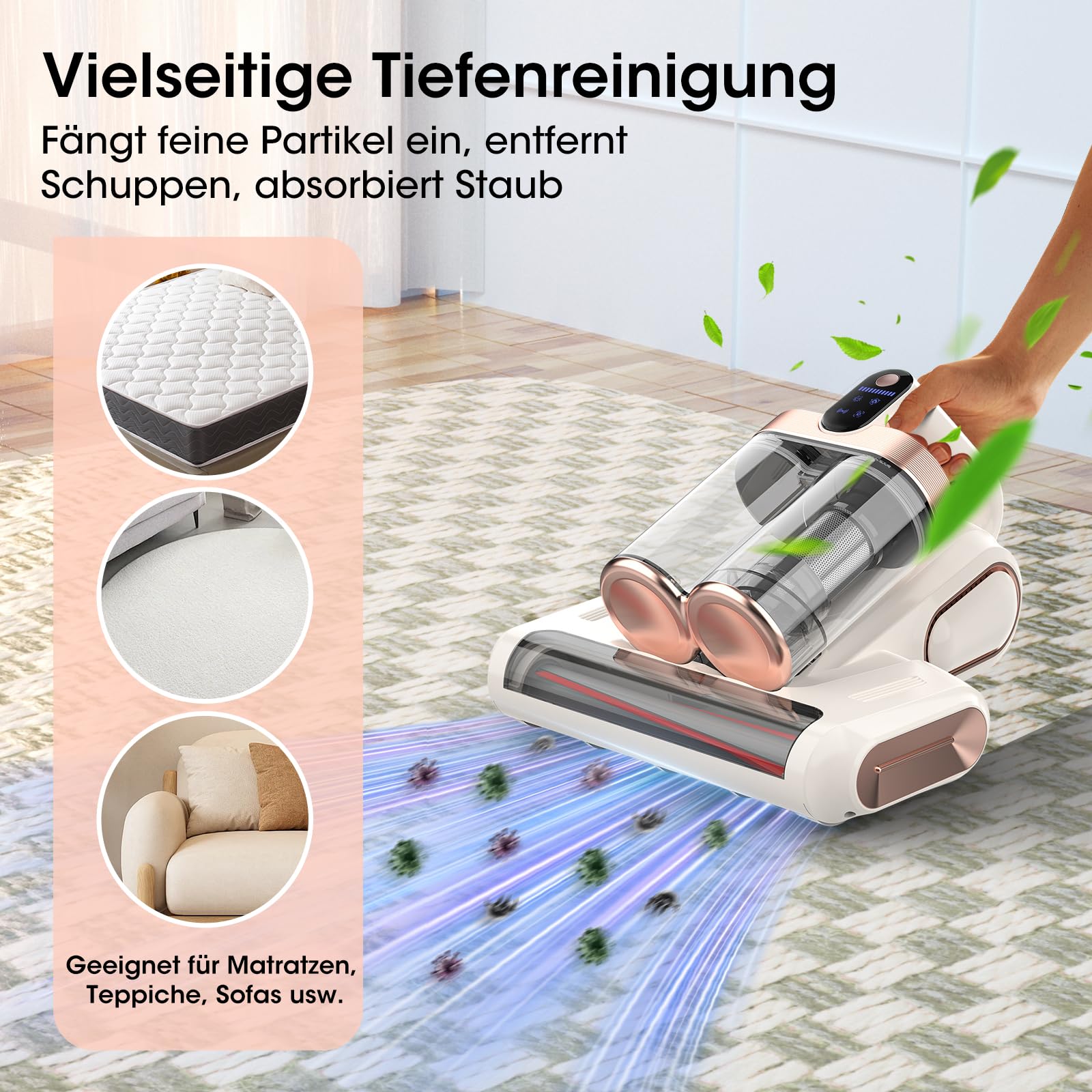 Milbensauger für Matratzen Kabellos 16Kpa Handstaubsauger, Matratzenreiniger mit 253.7nm UV-C Licht&Ultraschall, 99,9% Allergen-Entfernung, Milbenstaubsauger&Sofa Reiniger Gerät, Geschenk für Frauen