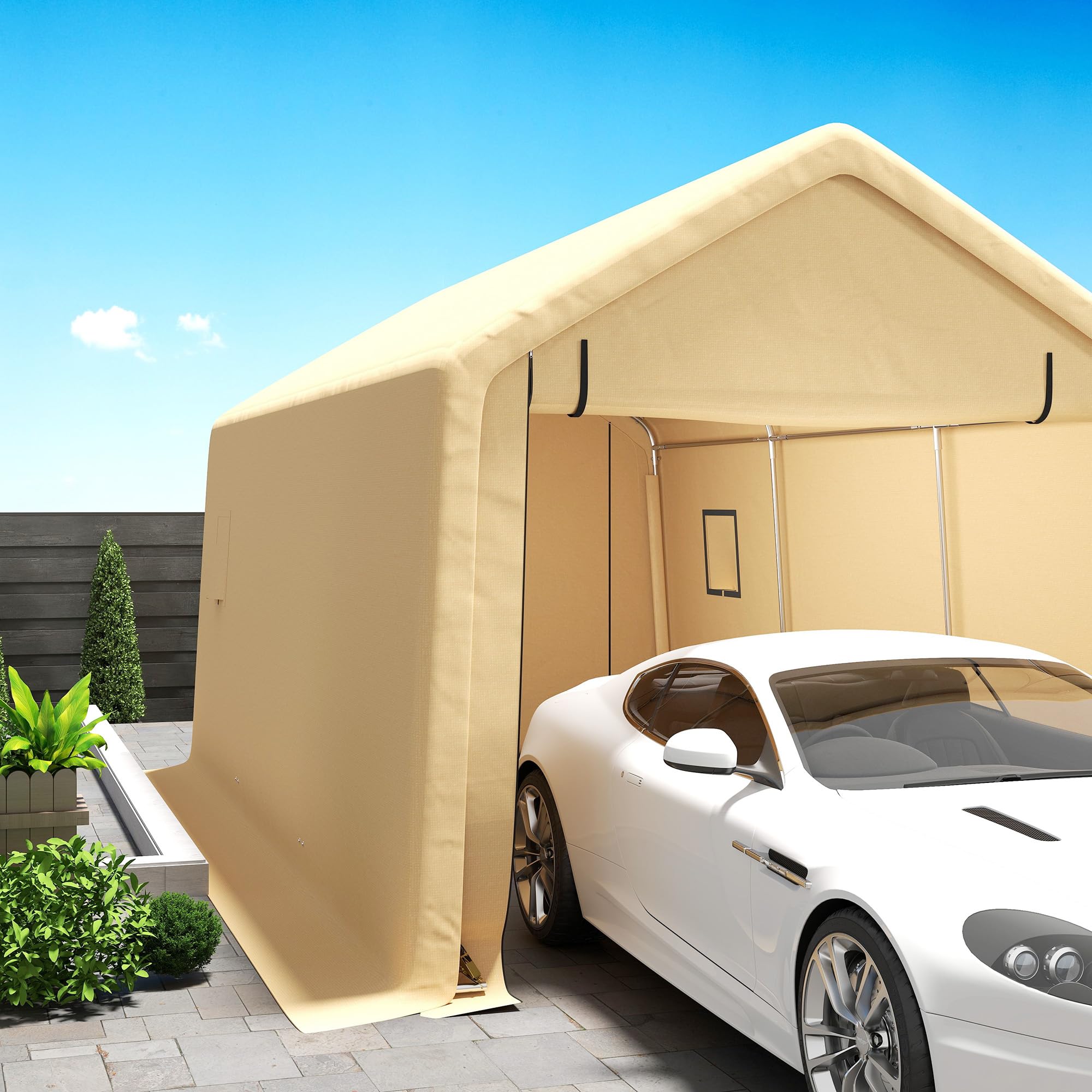 Outsunny Carport Carpa Garaje 3 x 5,2 m, carport Exterior, Carpa de Almacenamiento con Puerta Enrollable extraíble, carport para Coche, camión, Barco, Amarillo