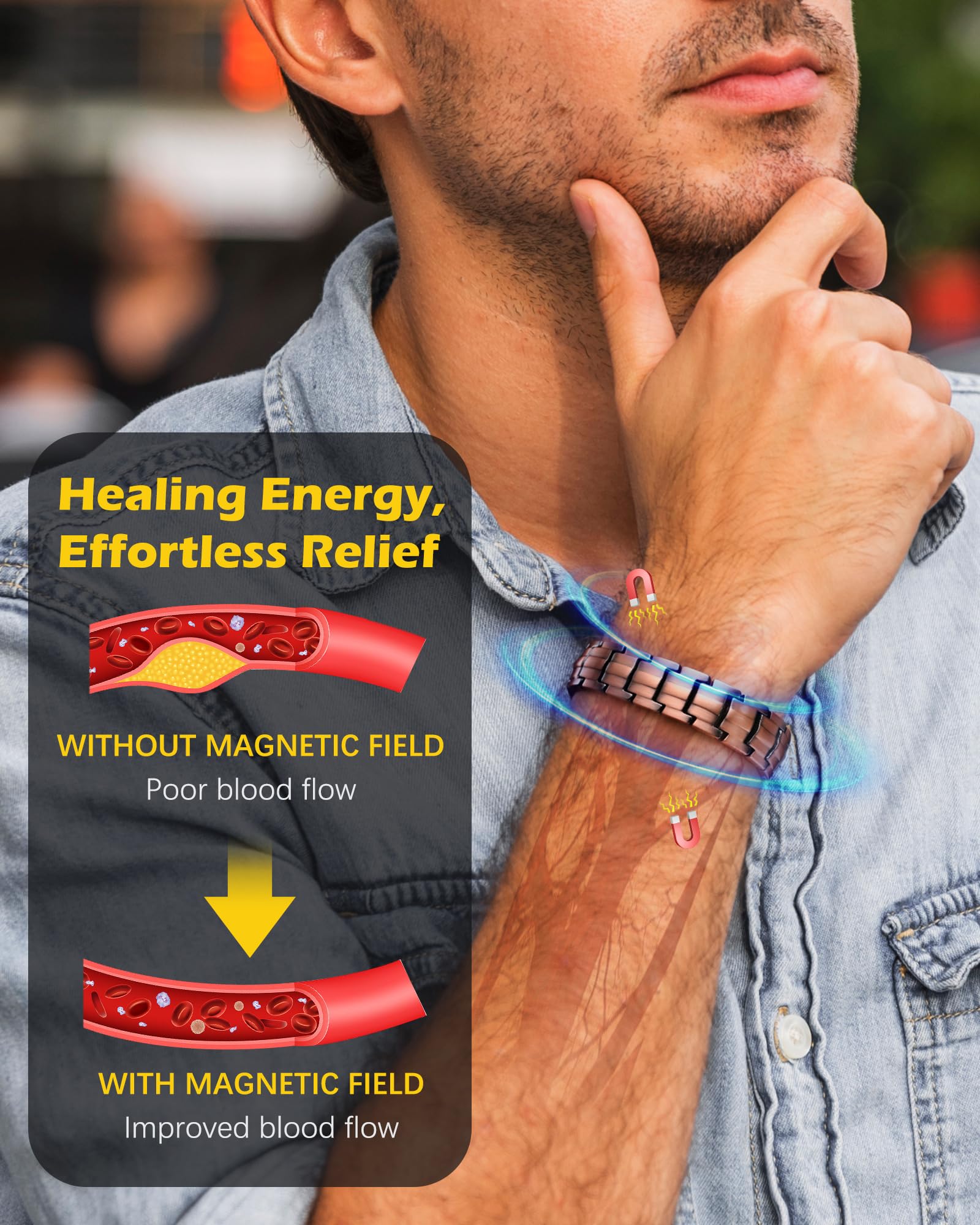 HHRFCS Kupferarmbänder für Männer, 3X Magnetarmbänder für Männer mit extrem starken Magneten, einstellbare Größe und Schmuck-Geschenkbox