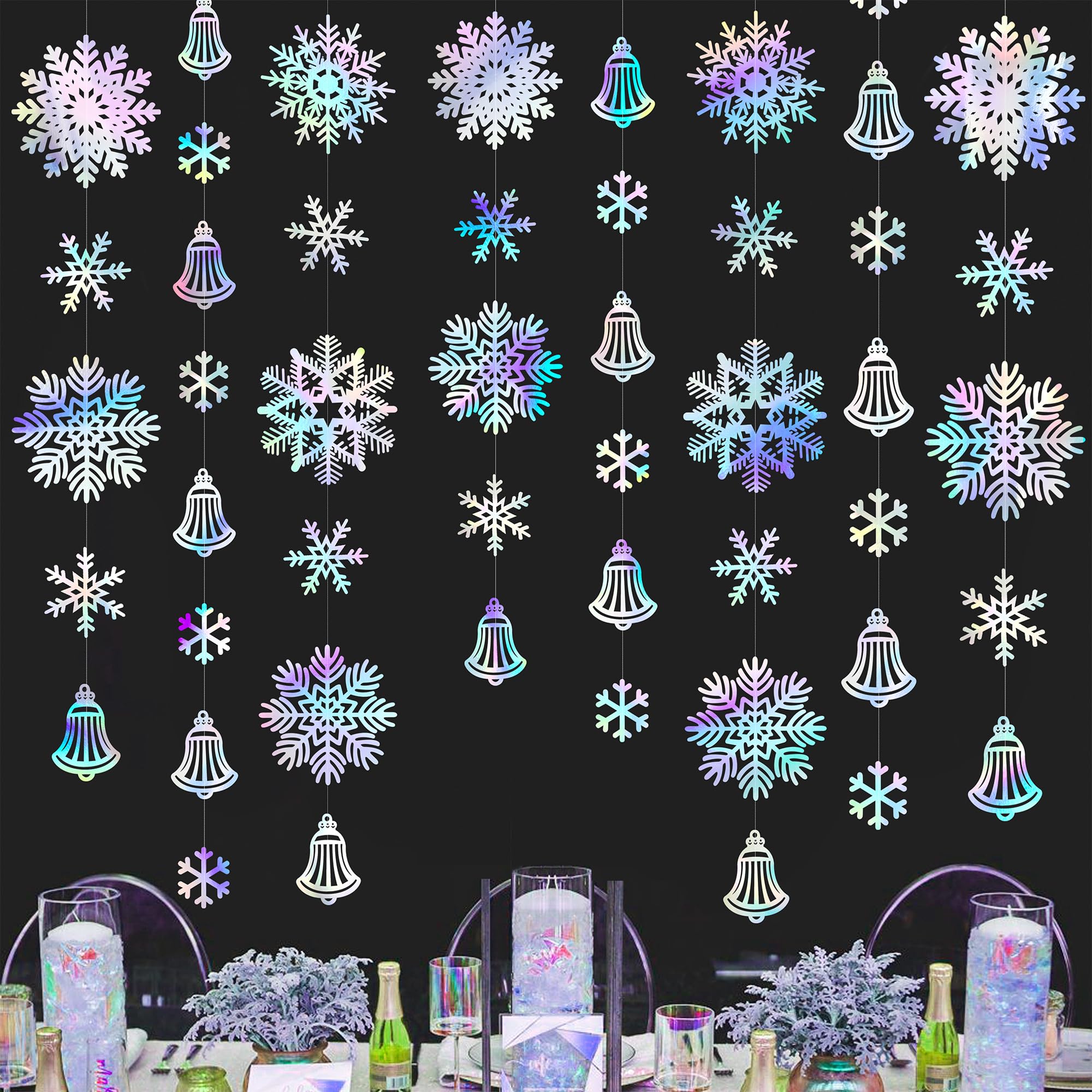 40 Ft Snowflakes Party Decorations Iridescent Snowflakes Bell Garland Holographic Big Snowflakes Hanging Streamer Backdrop for Winter Wonderland Christmas Holiday Birthday Home Window Wall Room Decor