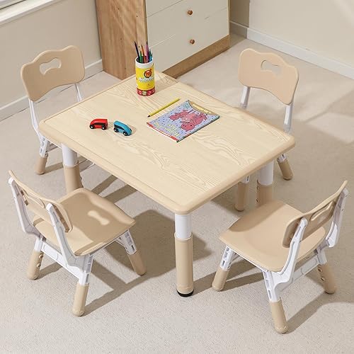 Miniatura 1 de Hulaibit Kids Table and Chair Set, Height Adjustable Toddler Table and 4 Chairs Set, Graffiti Desktop Kids Table for Ages 2-10, Max 300lbs