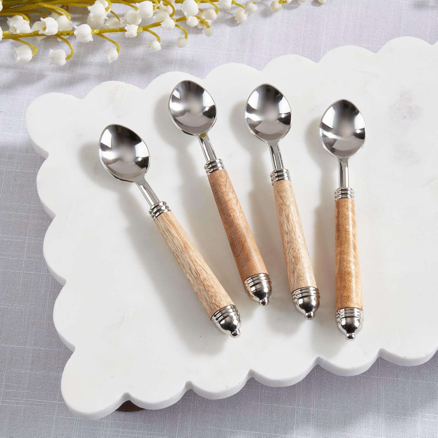 SARO LIFESTYLE Mango Wood Handle Teaspoons (Set of 4) – Stainless Steel Dessert & Coffee Spoons for Dining & Entertaining