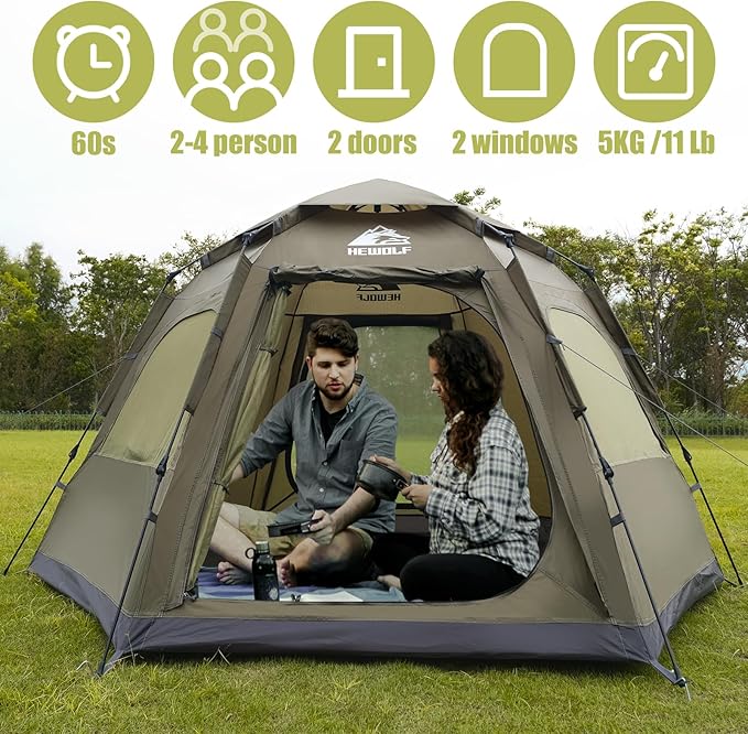 Carpa Camping HEWOLF 4 Personas Iglú Impermeable 2 Puertas Instantánea miniatura 6