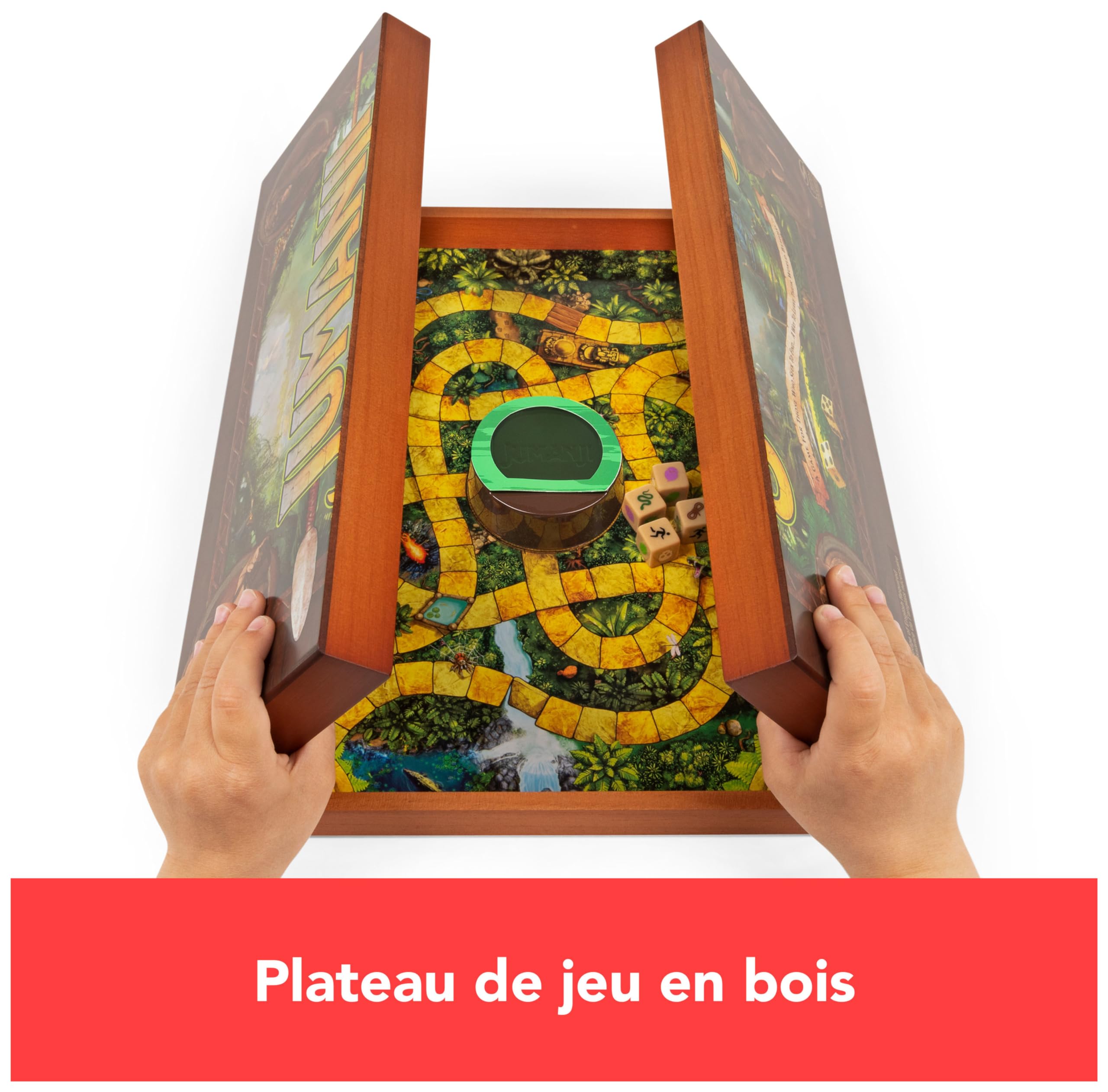 Spin Master Games - Jeu Jumanji avec Plateau Bois Retro - Jeu de Société Famille avec Nombreux Défis - Ambiance du Film Jumanji - Version Française - Jouet Enfant 8 Ans Et +