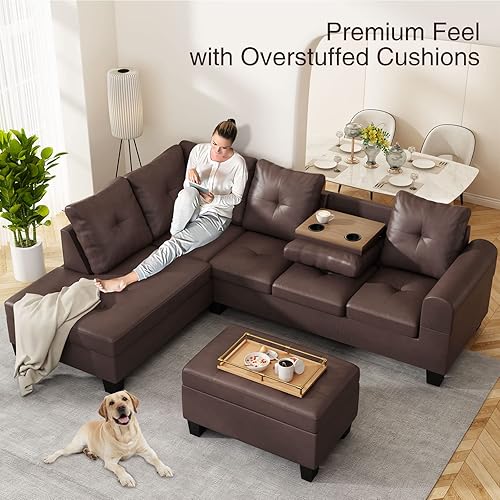 Miniatura 5 de Recaceik Sectional Modular Sofa Couches for Living Room PU Leather L-Shaped Couch wCup Holder and Storage Ottoman Living Room Furniture Corner Couch