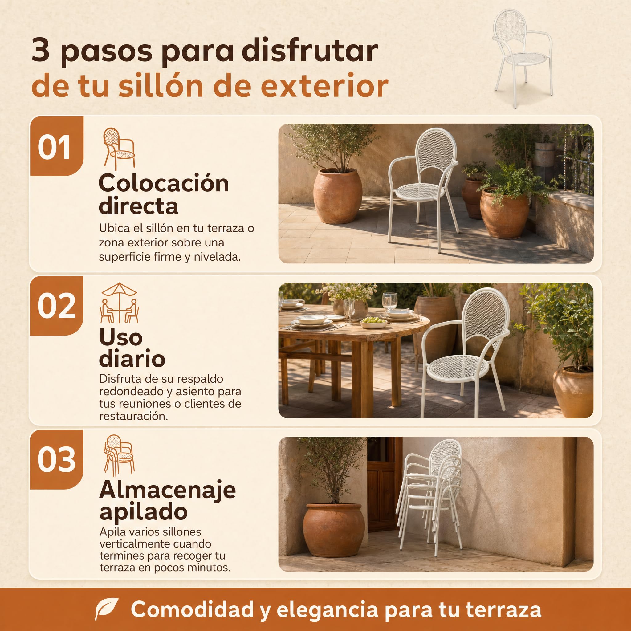 Silla Jardín Exterior Apilable, Sillón Resina Blanca Resistente UV
