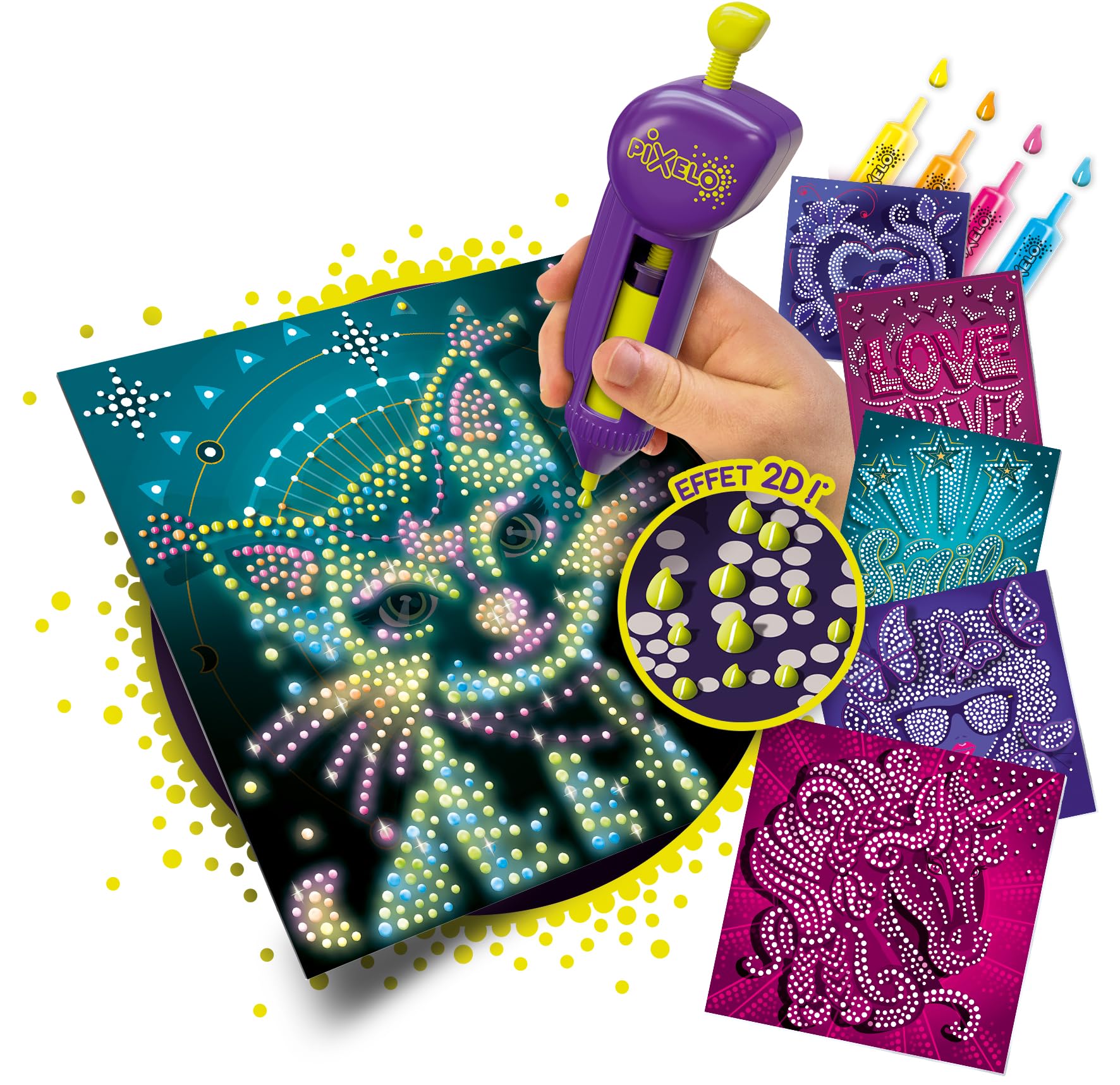 Lansay PIXELO Phospho 2D – Kit de Dibujo Fosforescente con Punteado – Bolígrafo Electrónico + 8 Láminas en Fondo Negro – 6 Rotuladores Glow – Manualidades Creativas Niños 7+