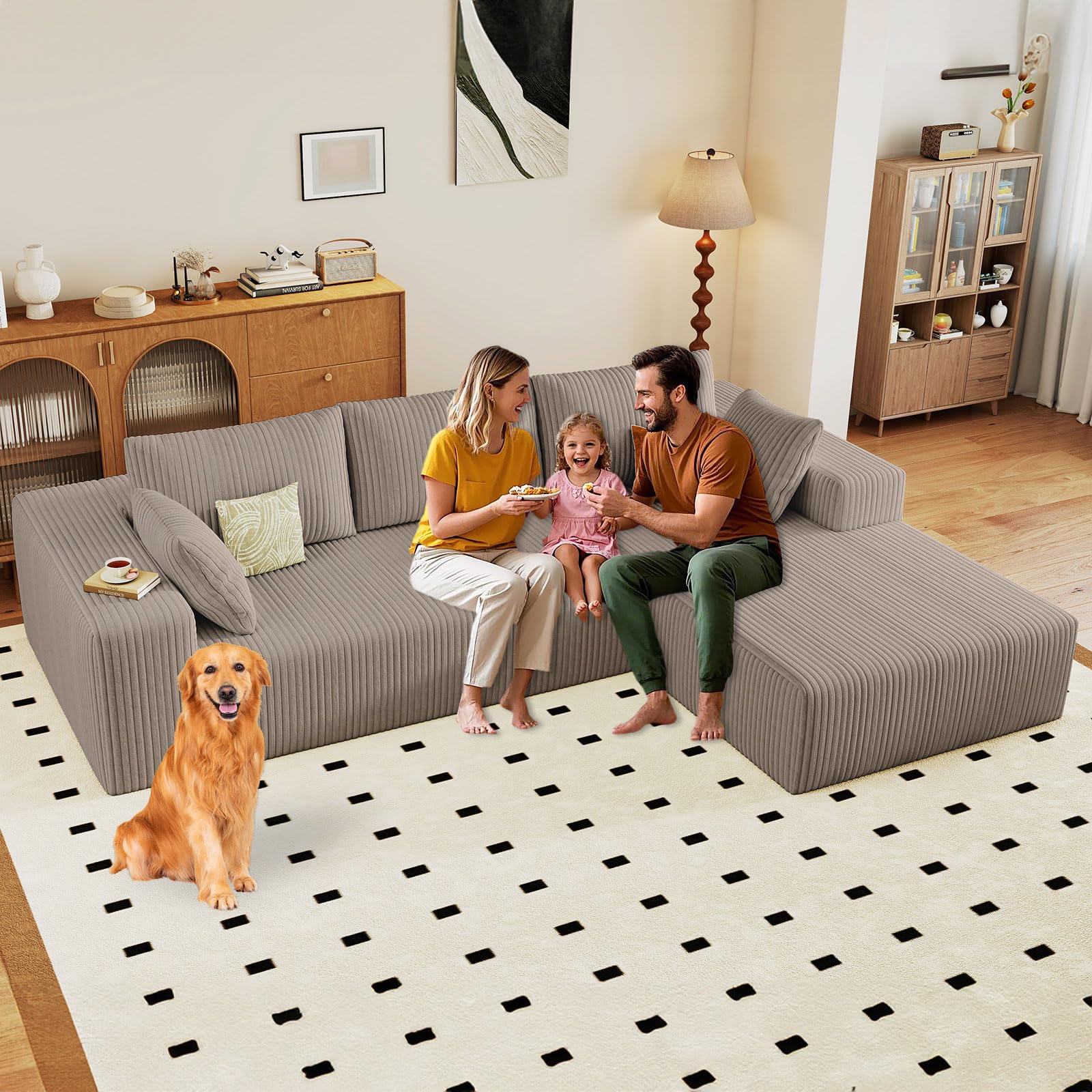 96" Modular Sectional Sofa, Modern Corduroy Cloud Couch with Deep Seat, Boneless Couch Upholstered 3-Seater L-Shaped Sofa for Living Room, No Assembly Required (Camel, Right-Facing Chaise)