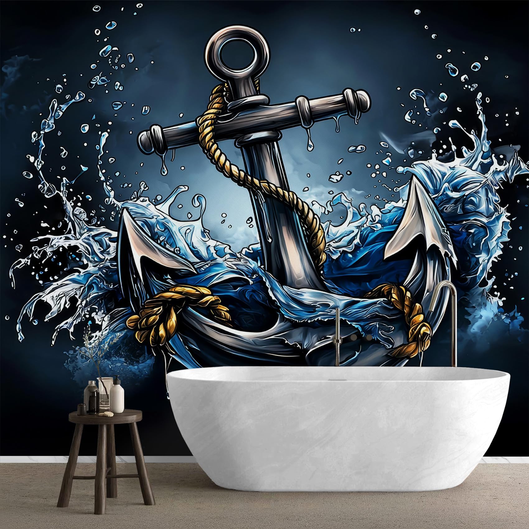 Fototapete Anker Schlafzimmer, 3D Tapete Nautisch, Vliestapete Schwarz Blau, Tapeten Wohnzimmer Muster, Meer Maritime Segeln Wand Deko Kinderzimmer, Wandtapete, Mustertapete 416x254 cm