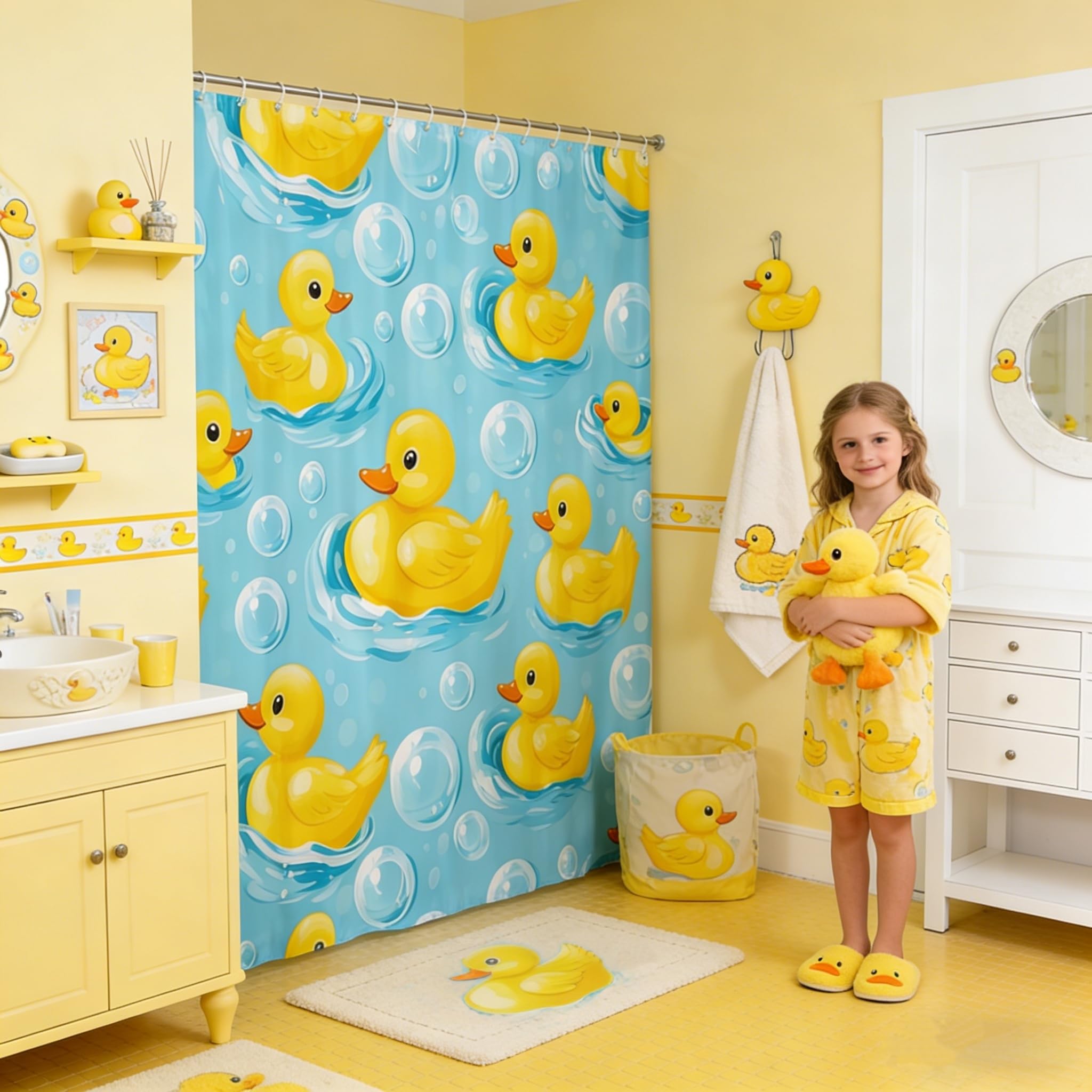 Rideau de douche étanche motif canard mignon pour éviter les fuites d'eau au sol