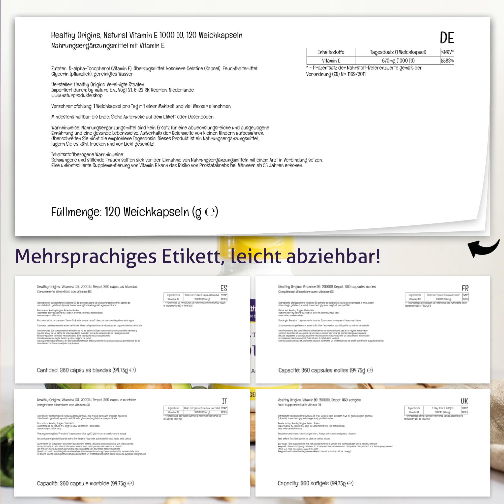 Healthy Origins, Natürliches Vitamin E, 120 Softgels, 1.000IU Vitamin E je Dosis, Glutenfrei, GMO frei, Geschmacksneutral