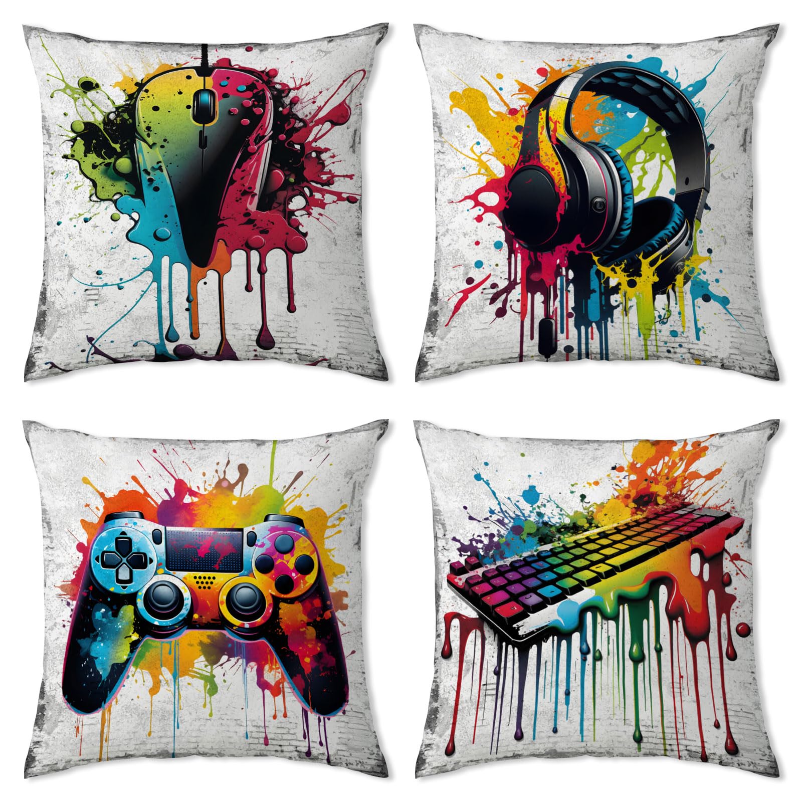 Gaming Pillow Cover for Boys Room Graffiti Game Throw Pillow Cover Sofa Couch Decor 18x18 Set of 4 Teen Video Gamepad Headphones Decorative Cushion