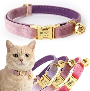 Personalized Velvet Cat Collar with Bell, Custom Engraved Name and Phone Number, Adjustable Luxury Kitten Collar, Non-Breakaway Secure ID Collar for Cats and Kittens