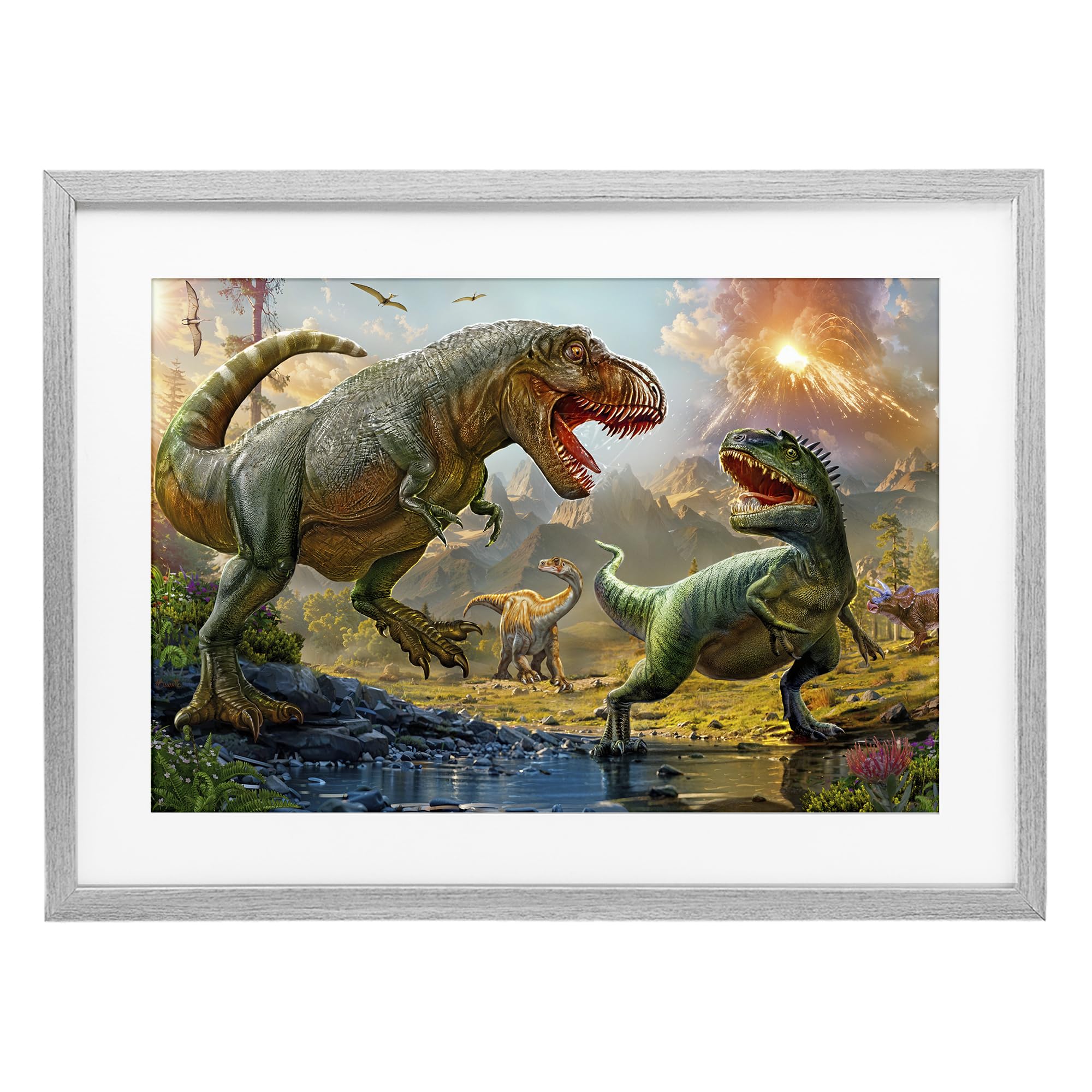 Stupell Industries Farmhouse Gray (Textured) T-Rex Riverbank Adventure Landscape, 14 X 20 Inch Framed Print Under Glass