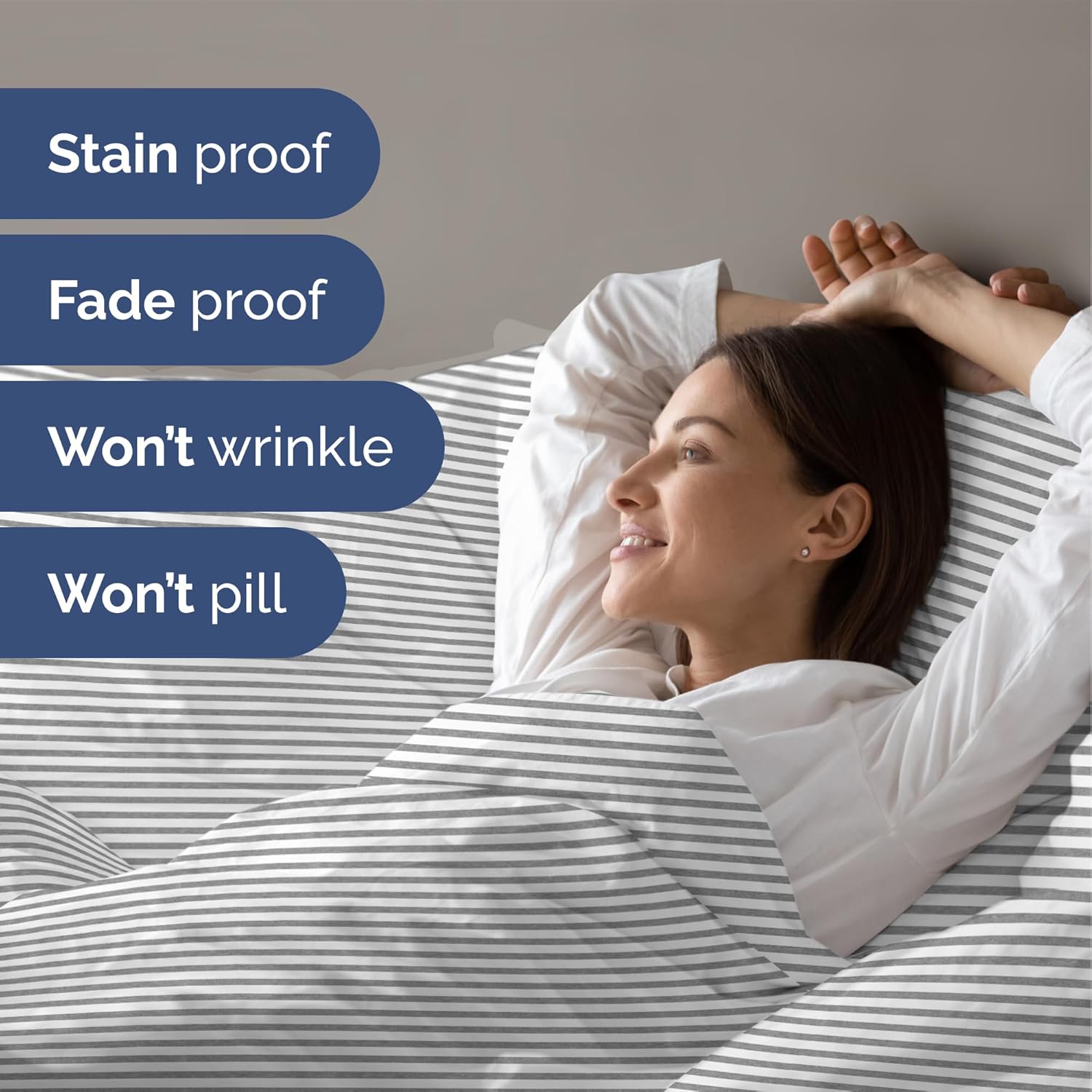 4pc Grey Stripes Sheet Set with Duvet (Queen Size) Bundle - Bed Set Includes Fitted Sheet, Flat Sheet, Duvet Cover and Pillow Cases/Shams - Hotel Luxury Bedding Set - Breathable & Cooling Duvet Set