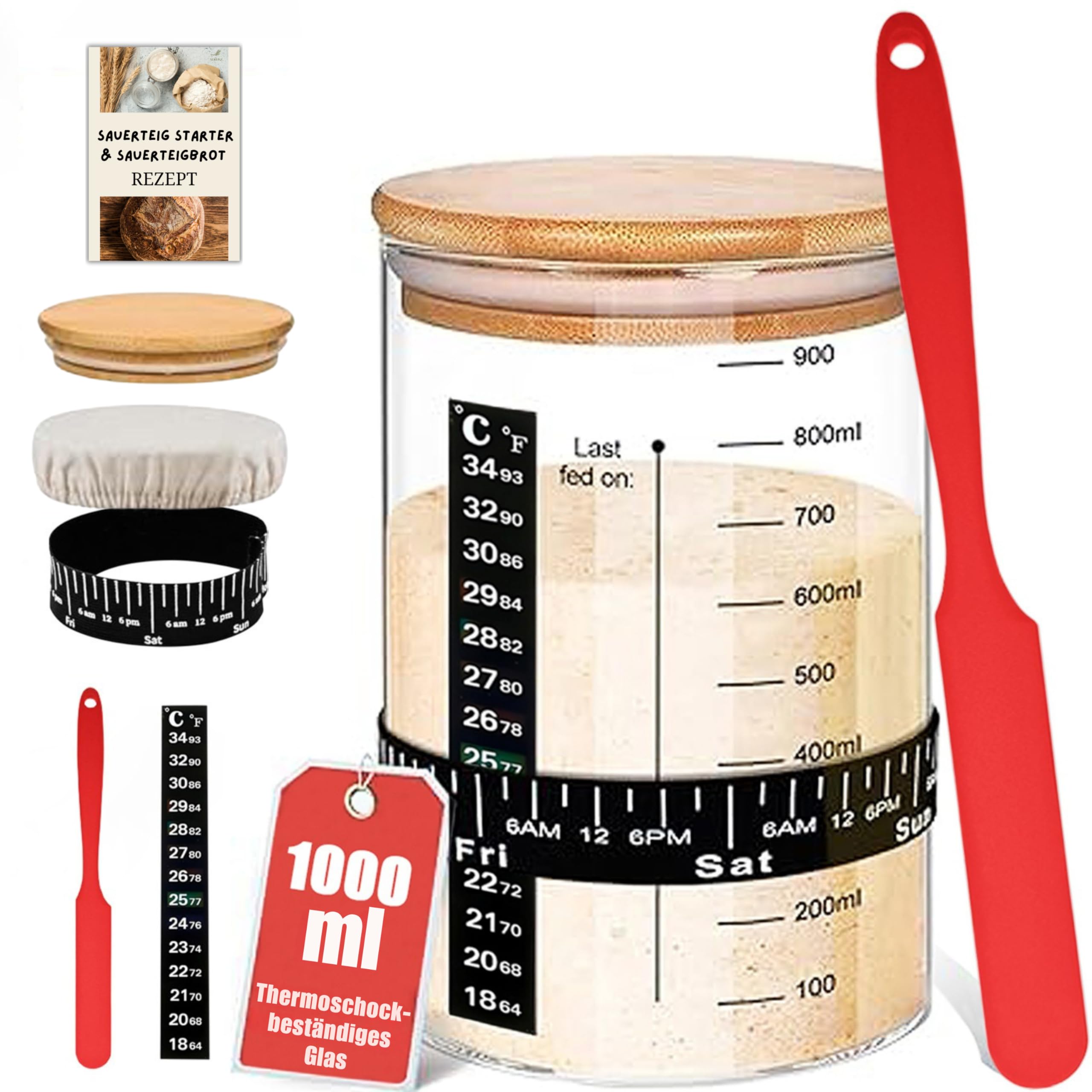 SoLuna. Sauerteig Starter Set Glas 1L/1000ml [Premium aus Borosilikat] - Sauerteig Glas Set mit Datumsband/Thermometer/Spatel/Stoffabdeckung/Deckel/Rezept - Sourdough Starter Kit (Rot, 7-teilig)