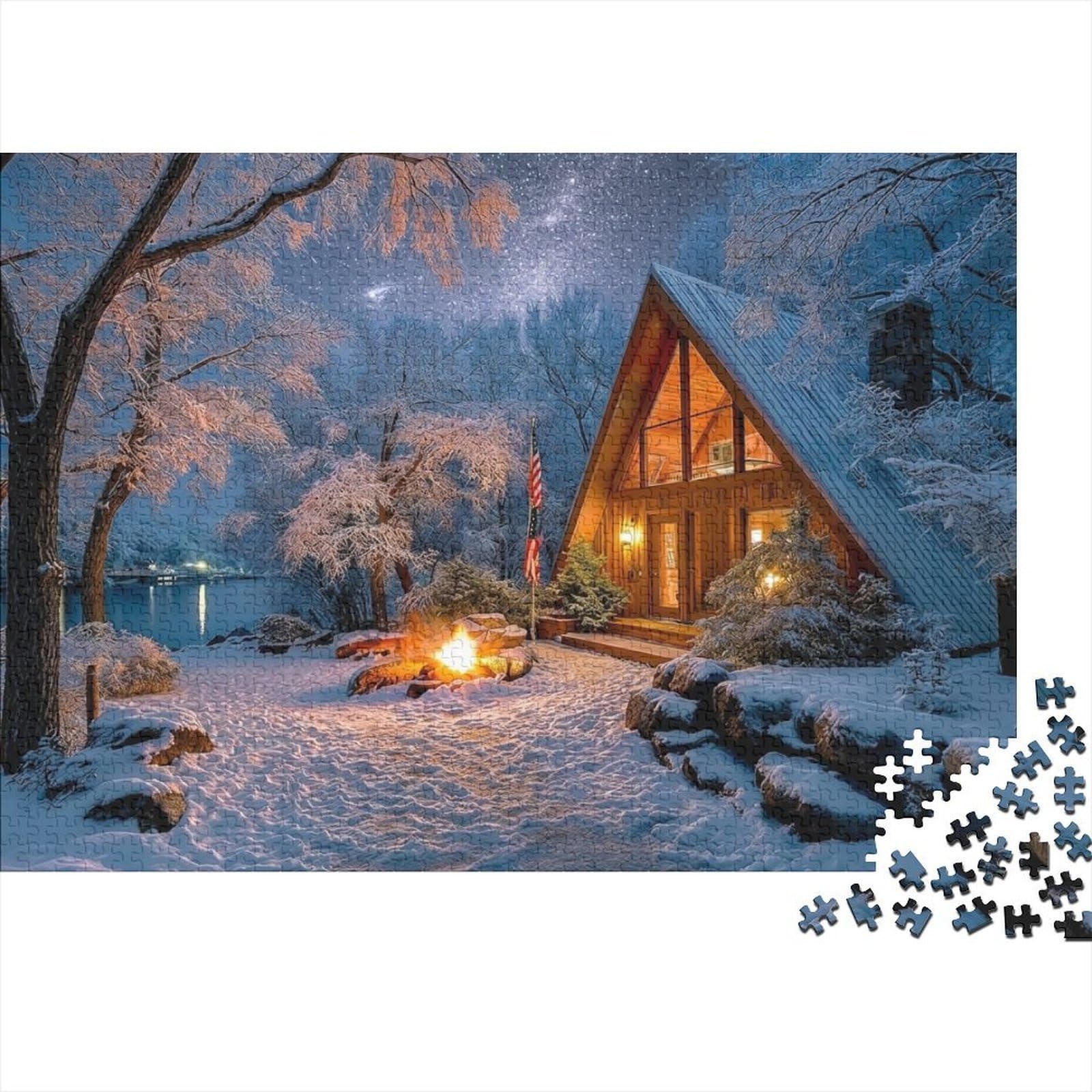 Snowy Cabin Winter Night 1000 Piece Jigsaw Puzzle Puzzle Game for Family Paper for Adults Cozy Relaxing Home Decor Gift 52x38cm/1000pcs