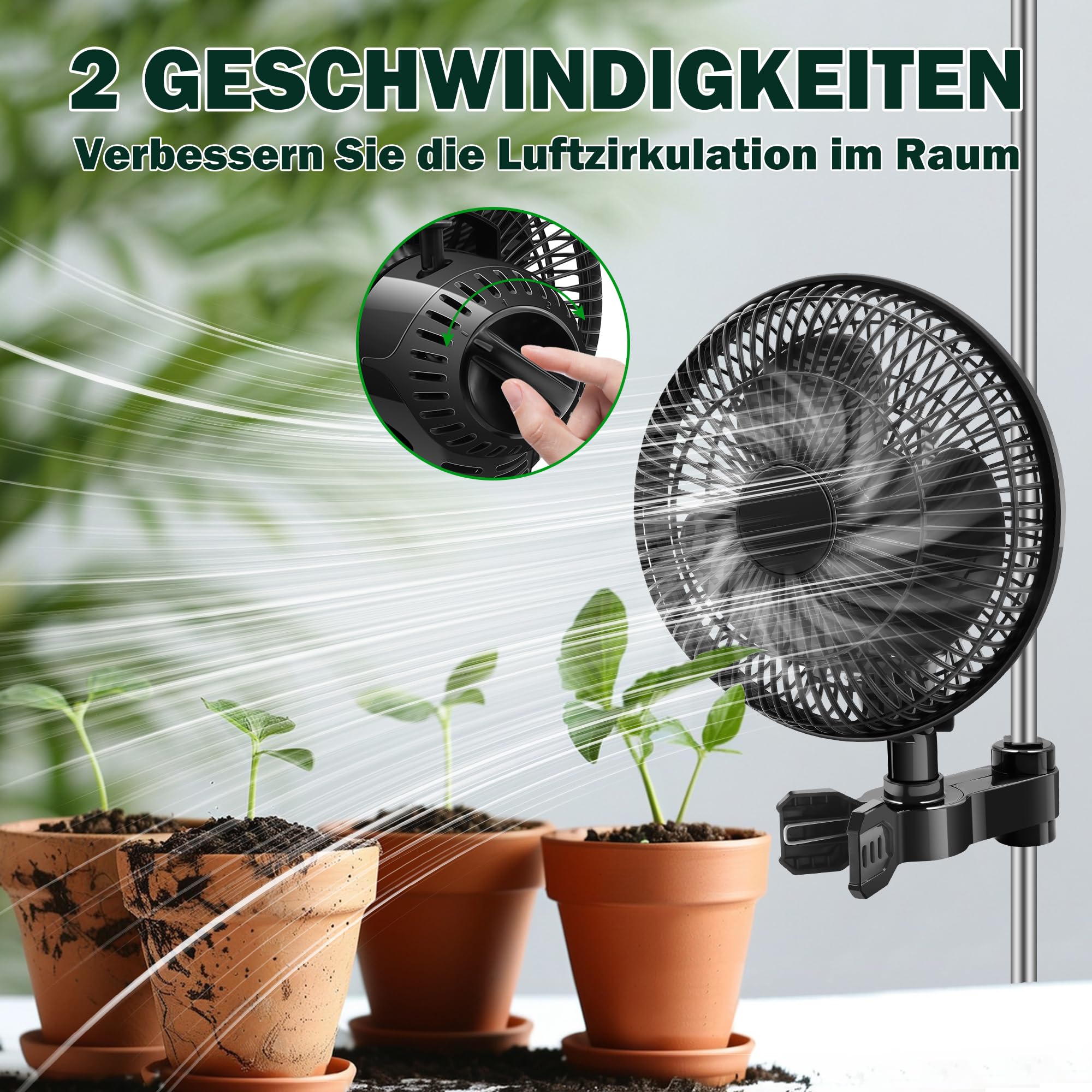 2 Stück Grow Ventilator mit Clip Oszillierend, 25W Clip Ventilator mit 2 Geschwind, Schwenkbar Grow Lüfter