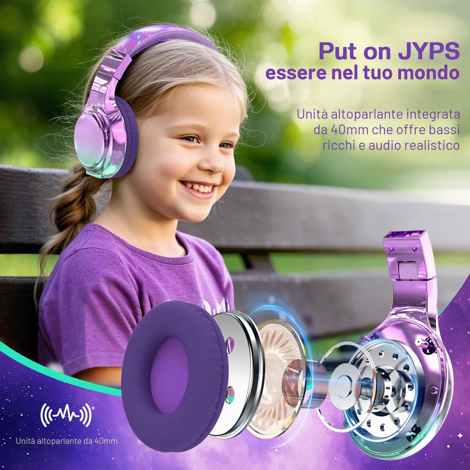JYPS Cuffie Bluetooth Bambina, Metallico Cuffie Bambini Wireless,Cuffie Bluetooth Over Ear con Microfono per Bambini/Ragazza,Cuffie Senza Fili Pieghevoli Audio Stereo HD per TV/Musica/Scuola (Viola)
