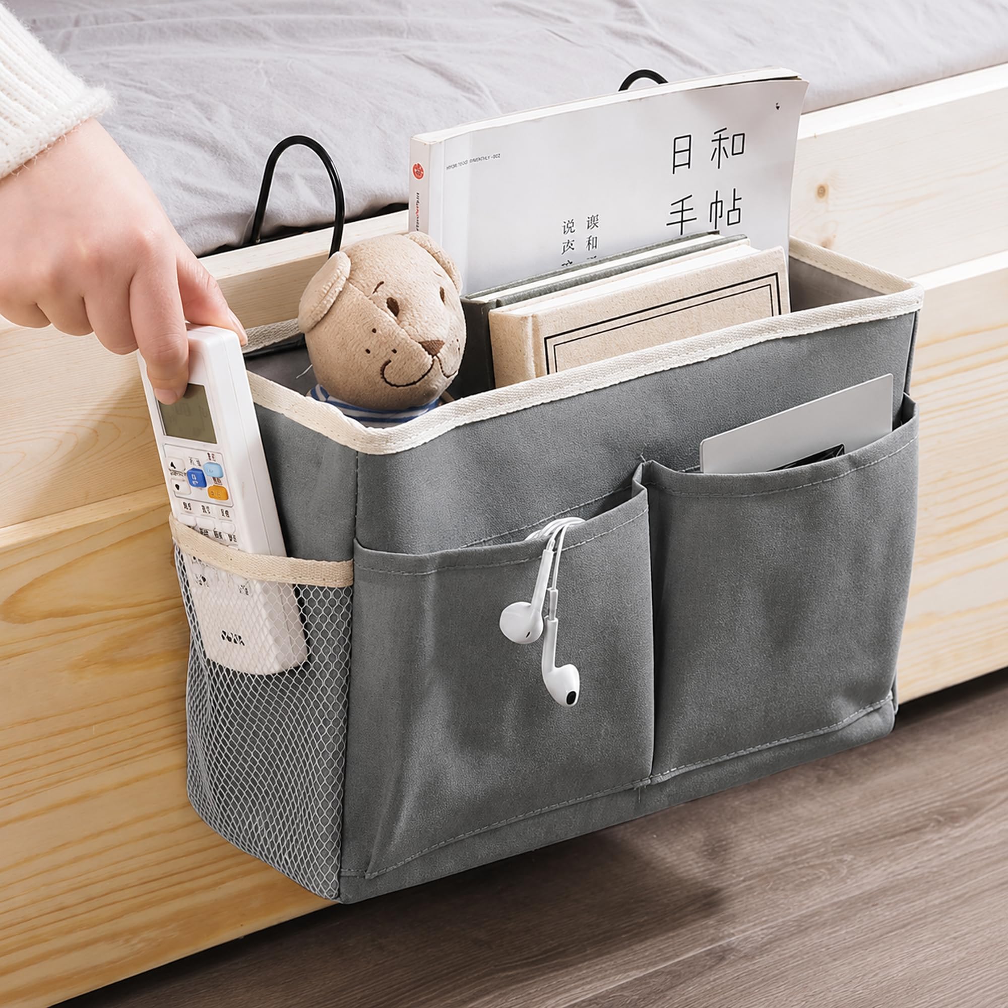 Bedside Hanging Organizer Bag Premium Linen Bed Caddy with Multi Pockets | Space Saving Hanging Basket for Bed, Sofa, Hostel & Dorm | Holder for Books, Phone, Remote & Accessories-image-32