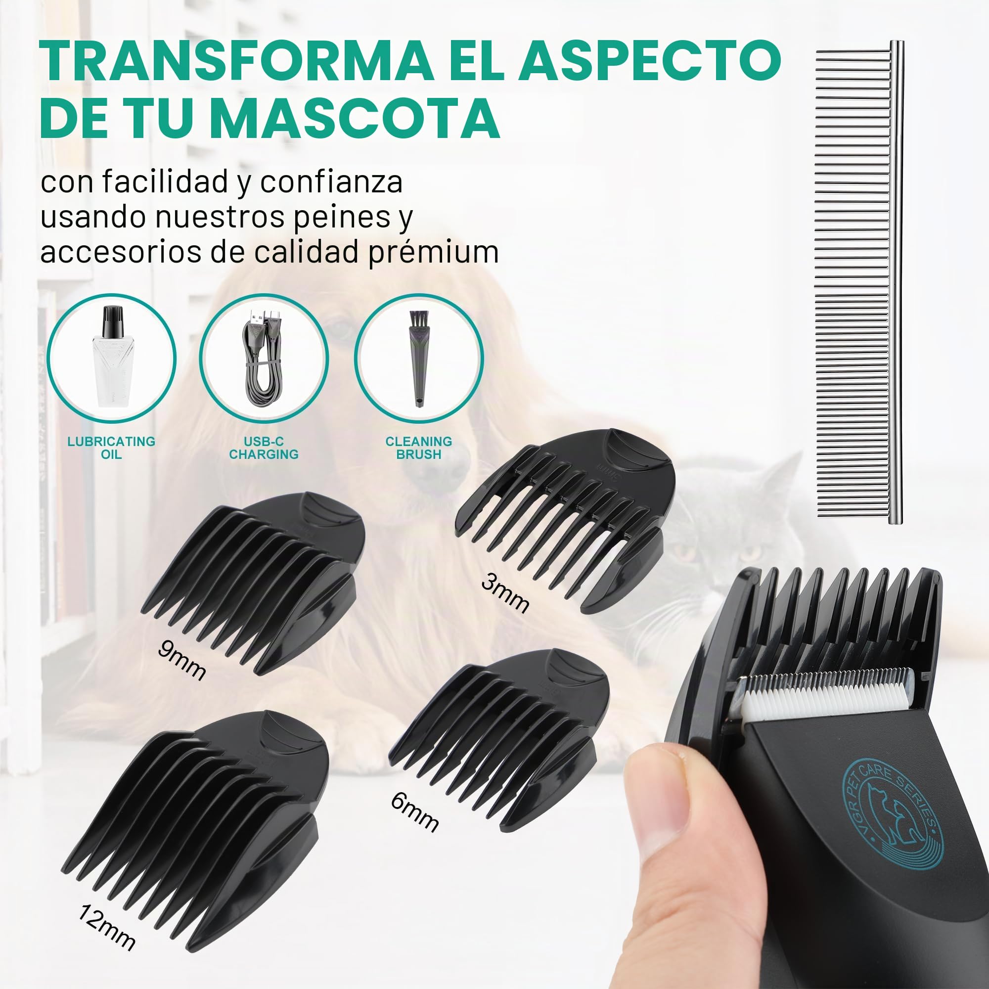 VGR Cortapelos de aseo para perros inalámbricos profesionales para pelo grueso y rizado, kit de pelaje para mascotas, impermeable, batería recargable eléctrica a través de USB-C, cuchillas de