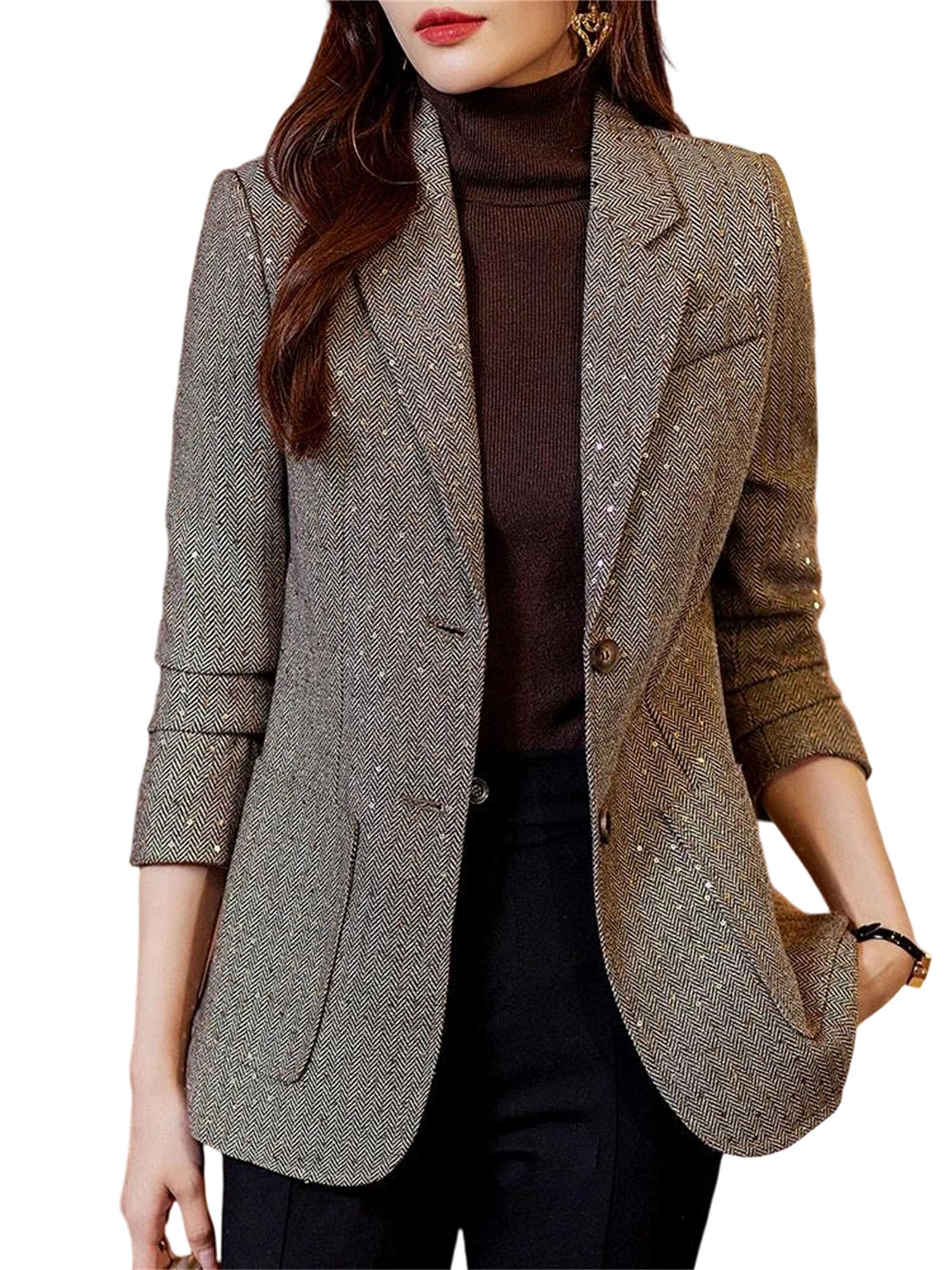 Women Formal Blazer Single Breasted Long Sleeve Business Work Jacket with Pocket