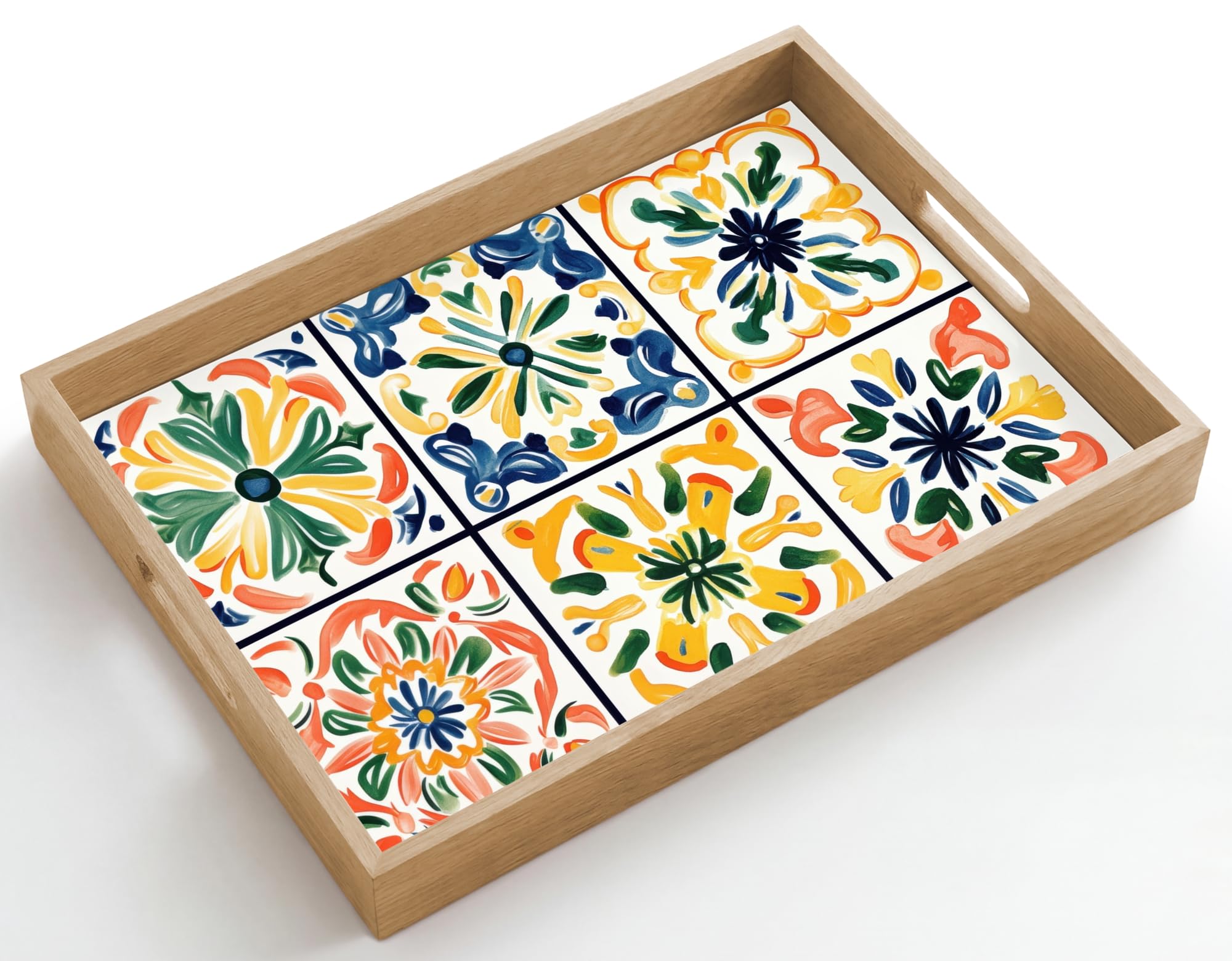 Serviertablett Rechteckig 50x35 cm Servierplatte Eiche Holz Tablett Mit Henkel Tray Kratzfest Kaffeetablett Tabletts Teetablett Spanisch - Kacheln - Keramik - Blumen
