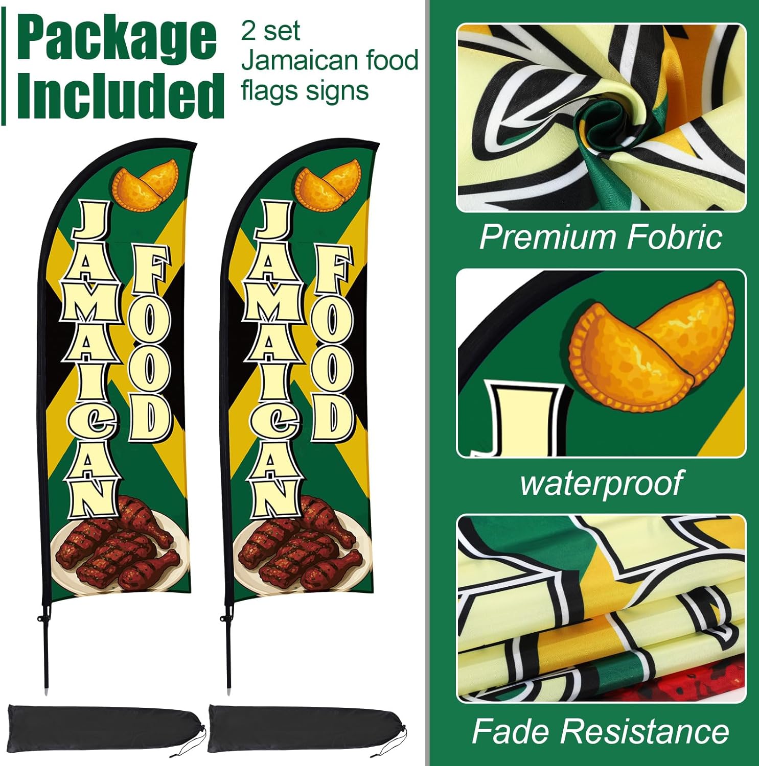 Buryeah 2 Sets Jamaican Food Feather Flag Kit, 7 ft Jamaican Food Swooper Flag Banner Signs with Pole Ground Stake and Portable Bag for Snack Bar Store Business Advertising Outside