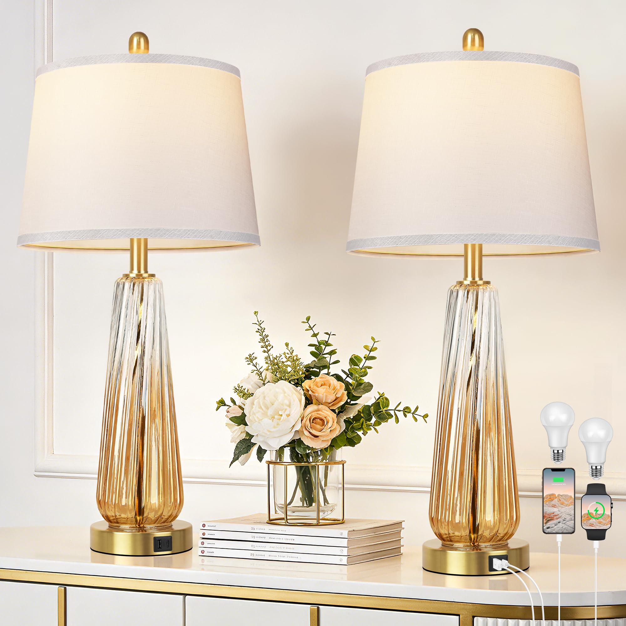 Photo 1 of **CAUTION OPENING 1 LAMP BASE HAS A CRACK ALL THE WAY UP GLASS** Glass Table Lamps Set of 2, Modern Bedside Lamps for Bedrooms with 3-Way Dimmable Touch Control Nightstand Lamp with White Lampshade USB A+C Ports, 27.5" Large Lamps for Living Room Decor, C