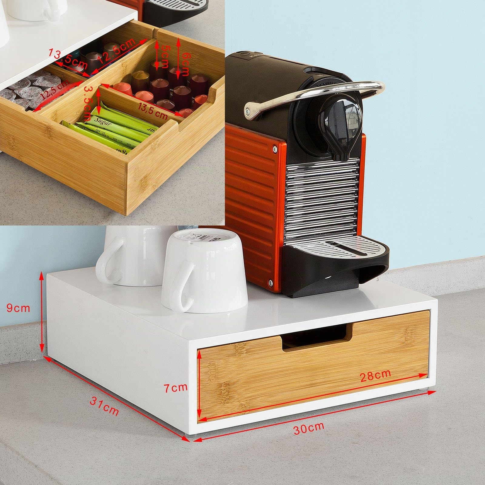 SoBuy Portacapsule in bambù – Organizer per capsule Nespresso e Dolce Gusto, cassetto portacapsule per cucina e caffè, sedia da caffè pack 2 bianco 30x31x10 cm FRG179-WN