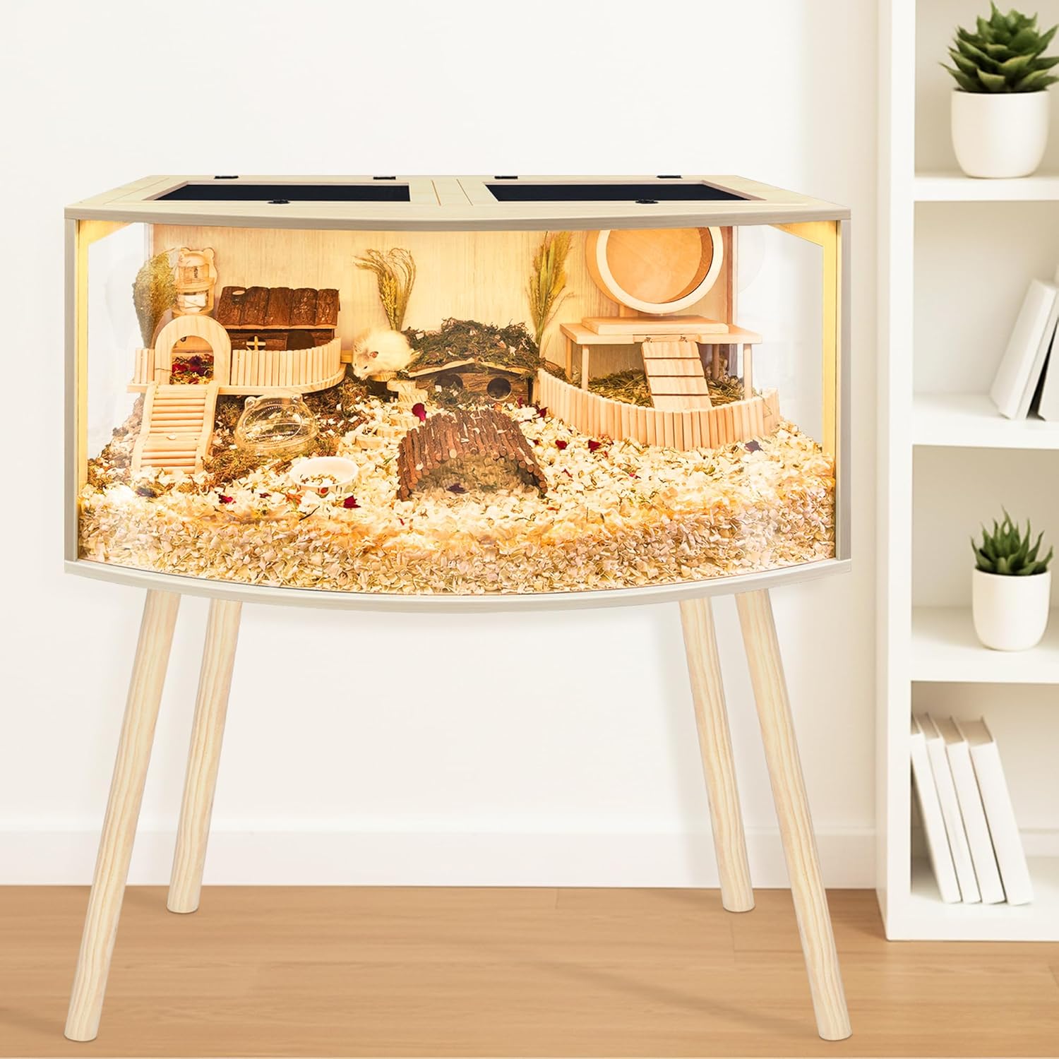 Prolee Hamster Cage with Curved Design,Chew Proof Wooden Hamsters Enclosure with Leg Stand and Openable Top or Gerbils,Hamster Habitat (40"x20"x20")