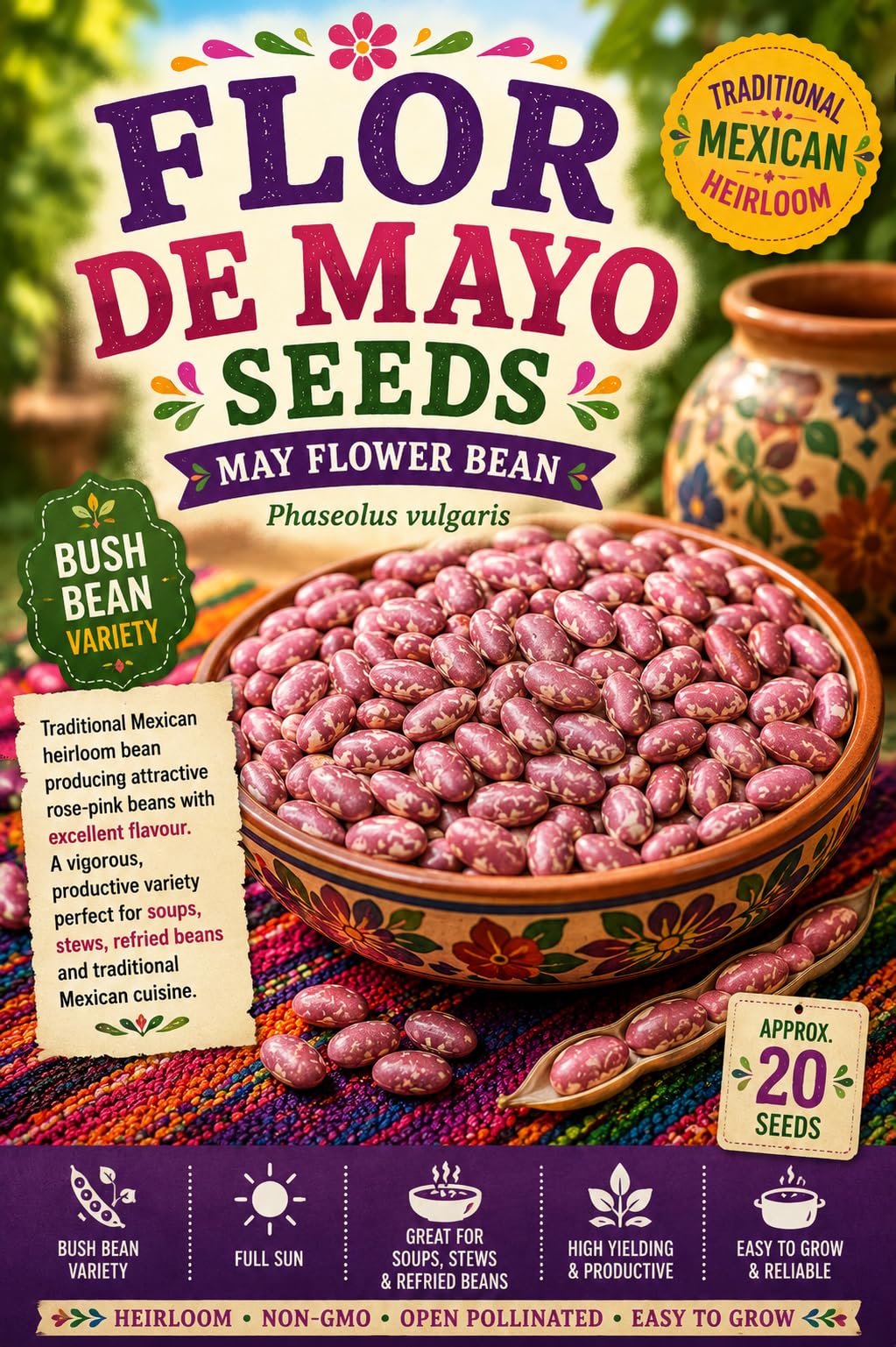 Flor De Mayo Bean Seeds – Traditional Mexican Bean Variety for Growing | Heirloom Bush Bean | Excellent Flavour