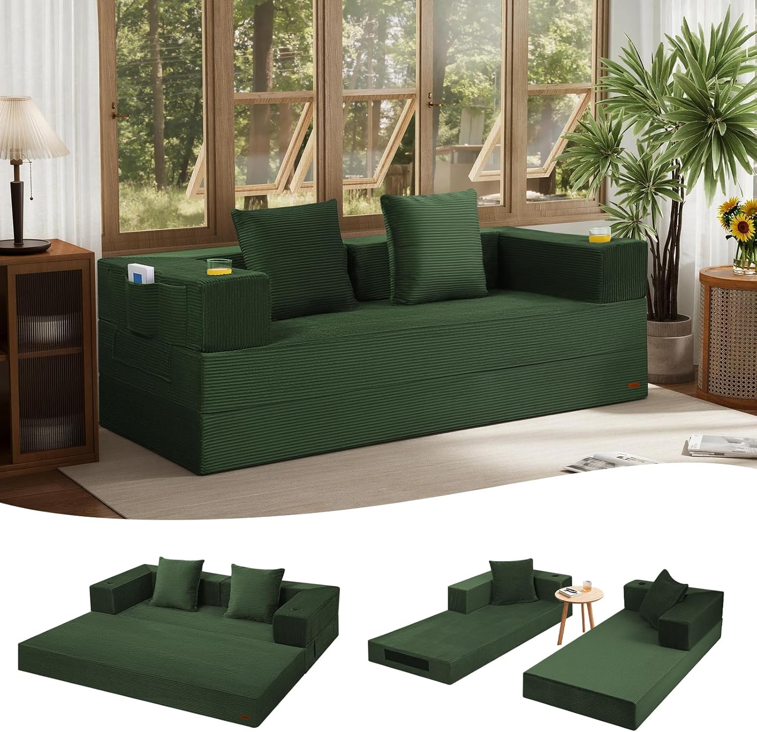 COMAX Futon Sofa Bed, Convertible Folding Sofa Bed, Boneless Couch Loveseat Corduroy with Pillows, Small Foldable Floor Couch Comfy Lounge Sleeper for Living Room Bedroom, Orange