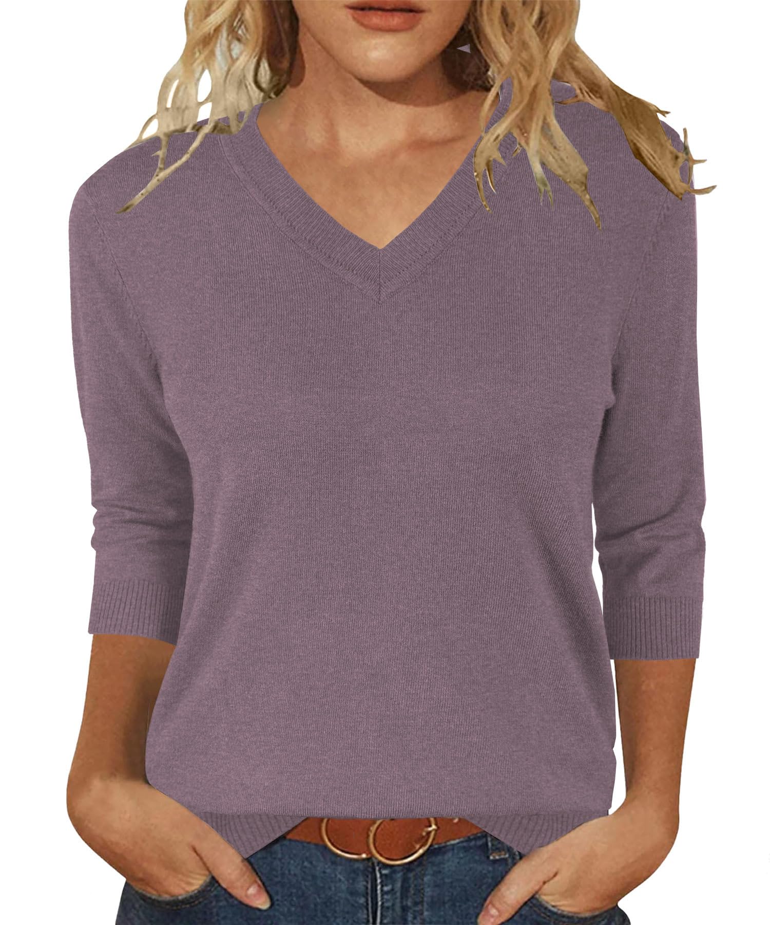 JomeDesign Womens Sweaters 3 4 Sleeve Pullover Tops V Neck Blouses Business Casual Fashion Clothes