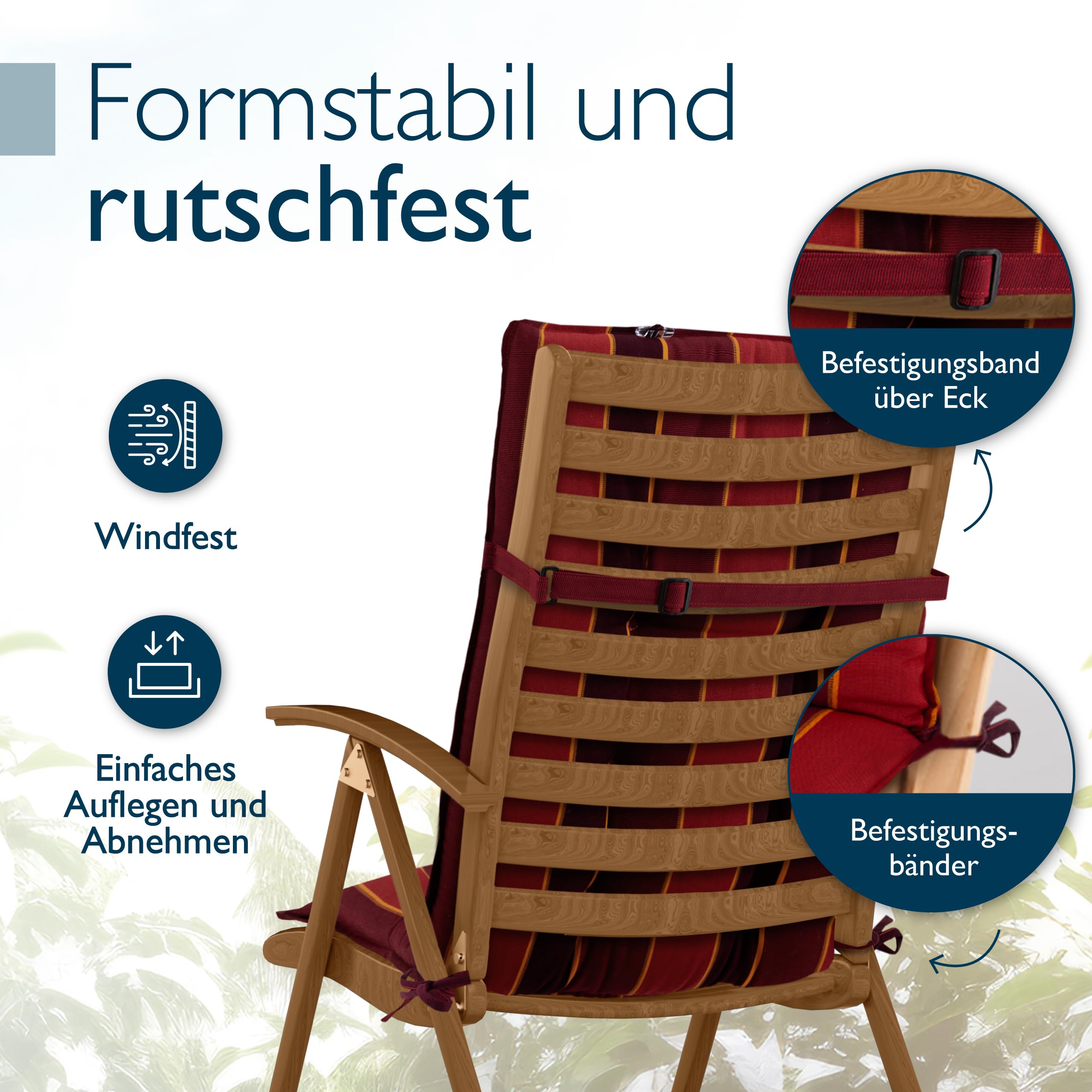 Beautissu 6er Set Premium Hochlehner Auflage mit Kopfpolster 120x50cm Sun-HL – 8cm Dick Polster Gartenstuhlauflage rutschfest Befestigungsbänder UV-Lichtechtheit 5 – Robust Stoff Rot Gestreift