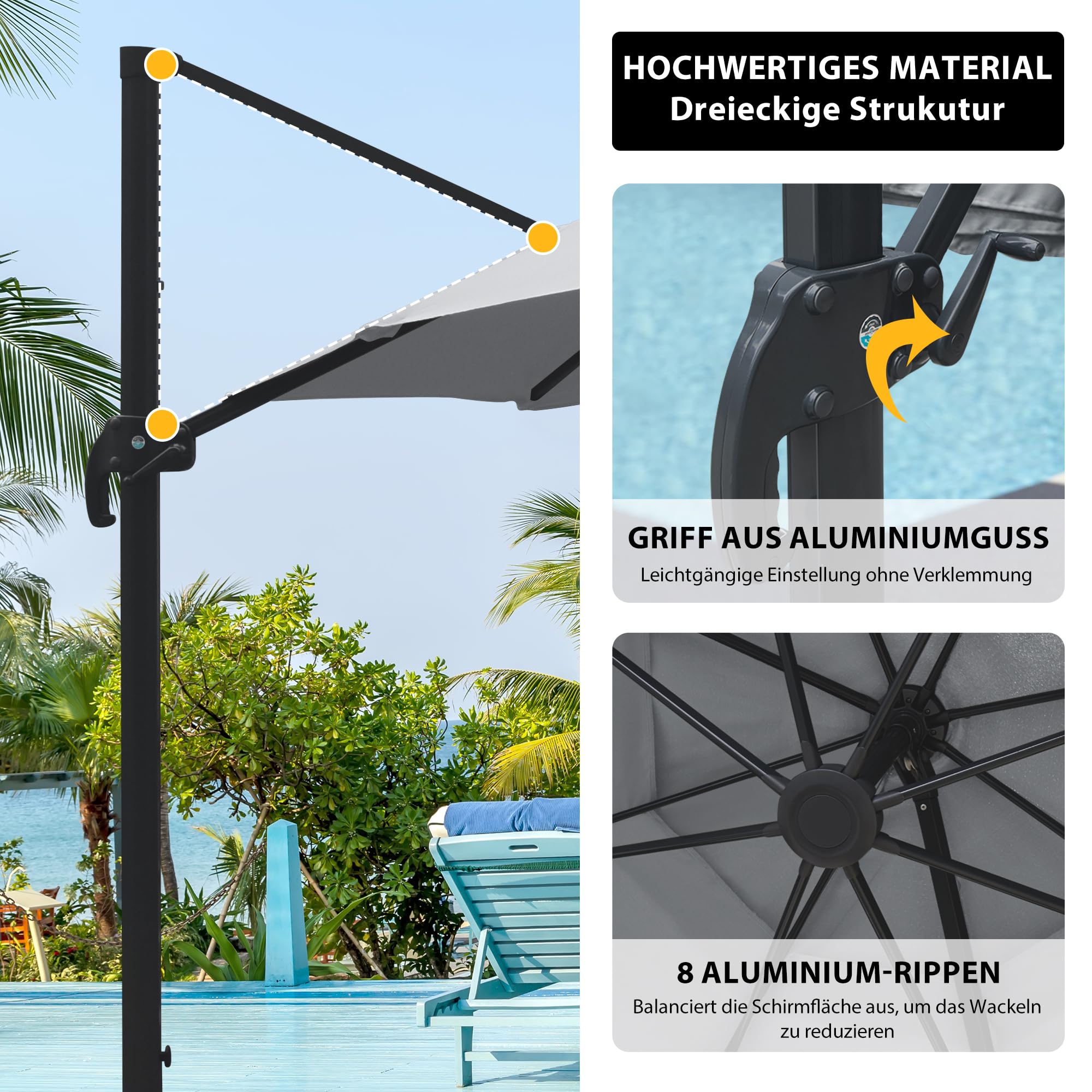 paramondo parapenda Sonnenschirm Ampelschirm aus 230 g/㎡ Polyesterfaser, Rund, Ø 3,5 m, 360° Schwenkbar, Kurbelbedienung, Grau, Stahl-Standkreuz und Gestell in Anthrazit, 20.6kg