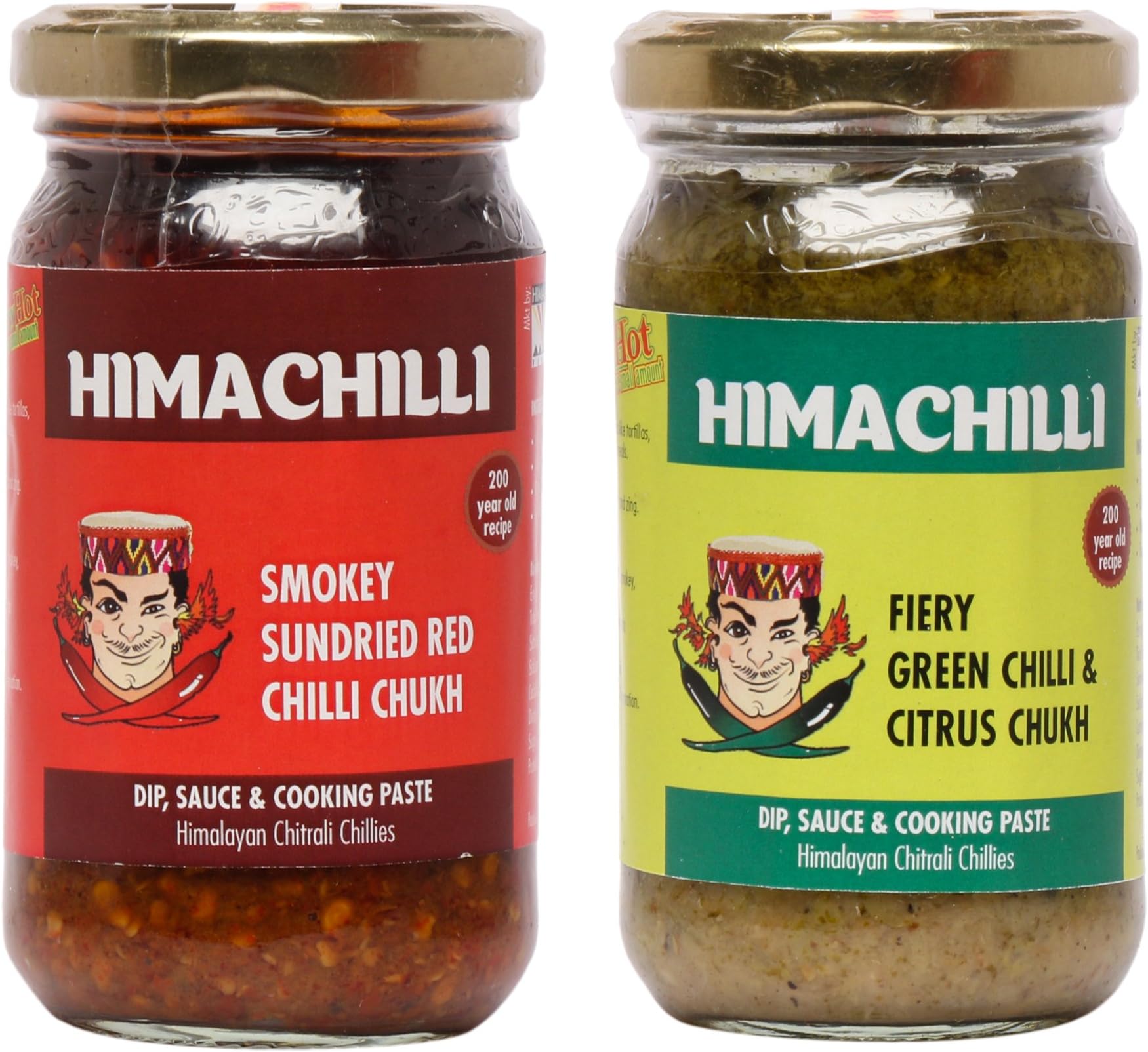HIMACHILLI Traditional - Smokey Red Chilli Chukh and Fiery Green Chilli Chamba Chukh from Himachal Pradesh Fiery, Hot, Citrus, Green Chilli Pickle, Paste & Marinade - Pack of 2, (Each Bottle 200gm)