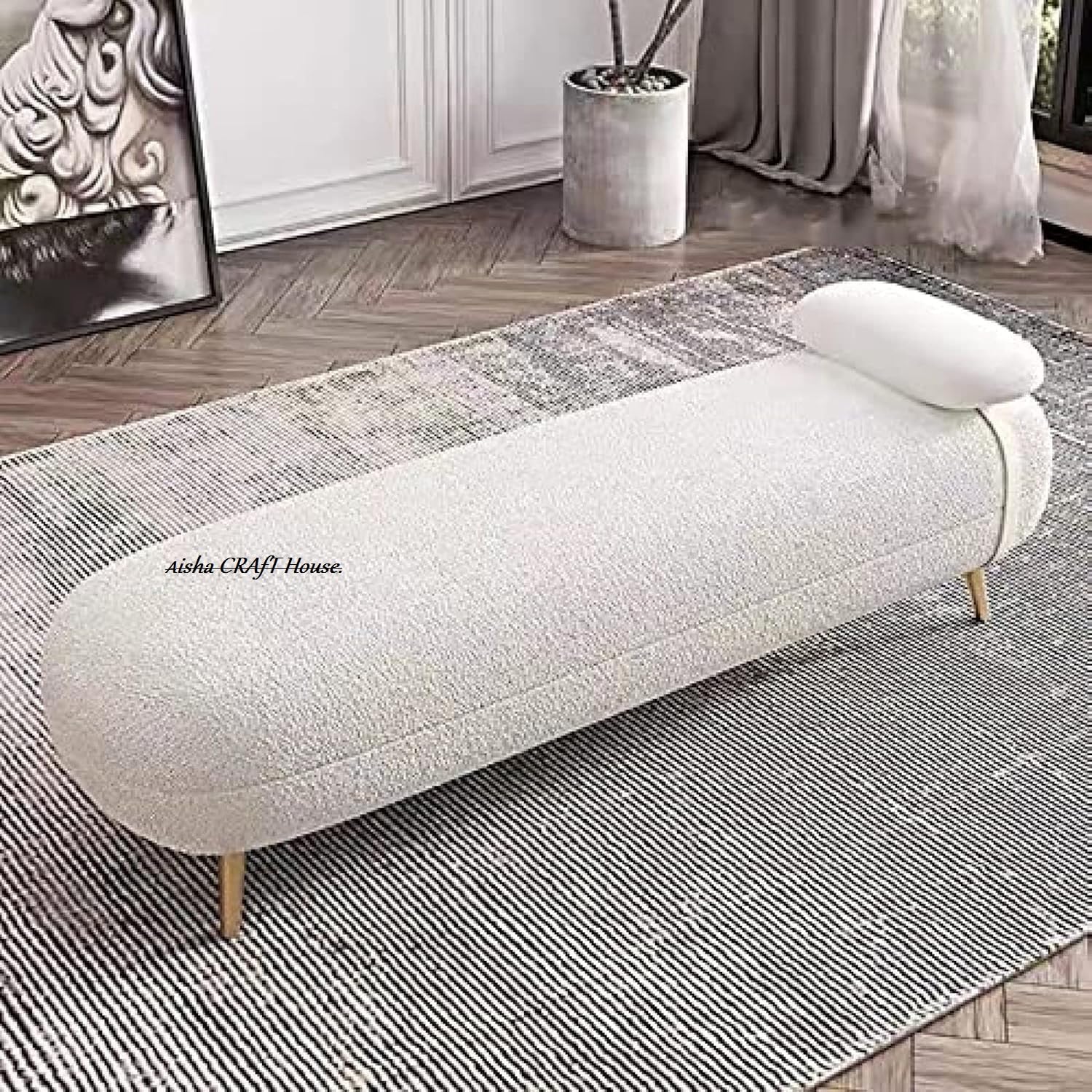 Aisha CRAfT House Modern Upholstered Bench with Gold Metal Legs, Curved Boucle Fabric Ottoman, (White-1)-image-10