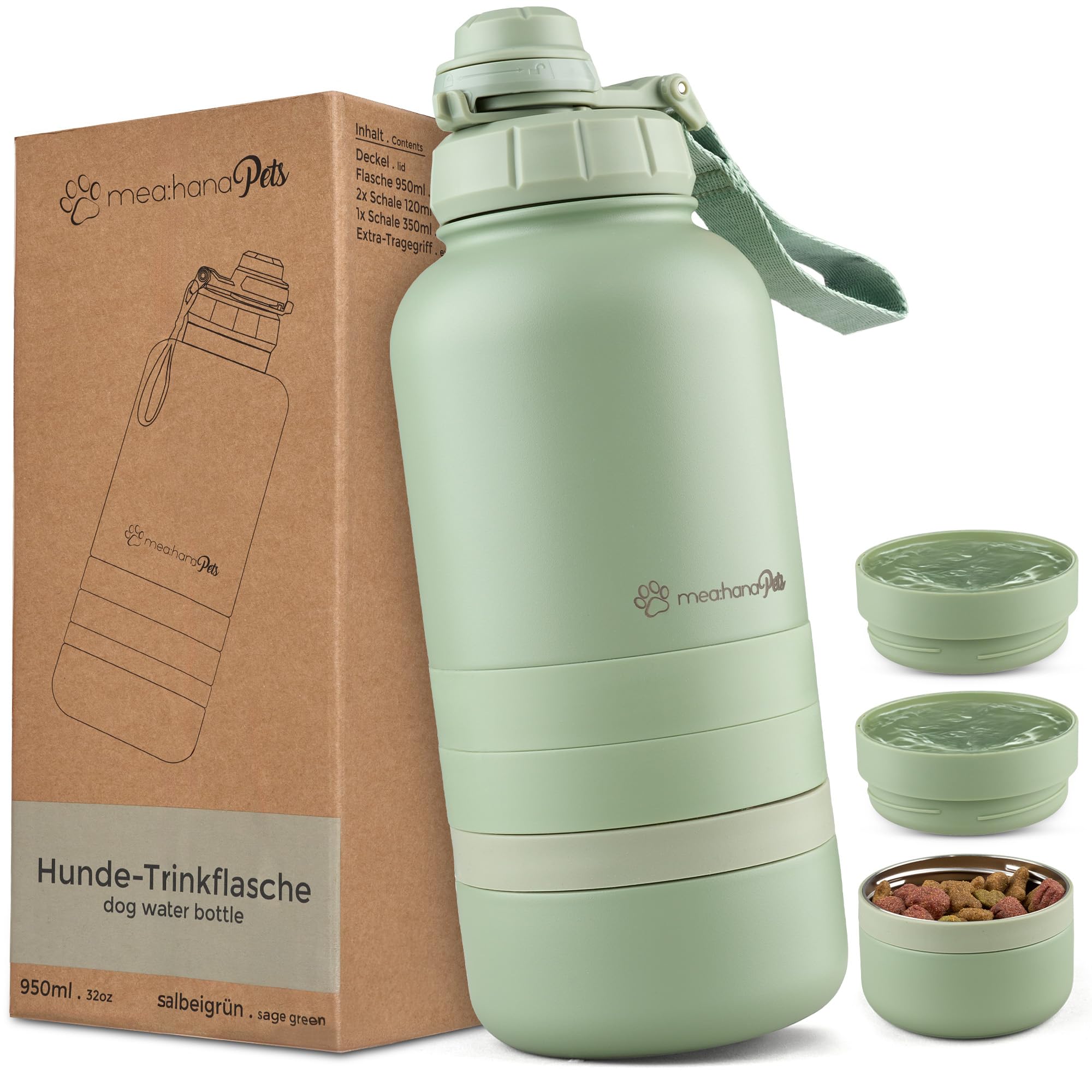 Pets Hundetrinkflasche für unterwegs 1l mit Näpfen -Ideal für Reisen,Outdoor- Isolierte Edelstahl Flasche mit Napf, Hundezubehör, Hundeflasche mit Futterbehälter - GRATIS Tragegriff