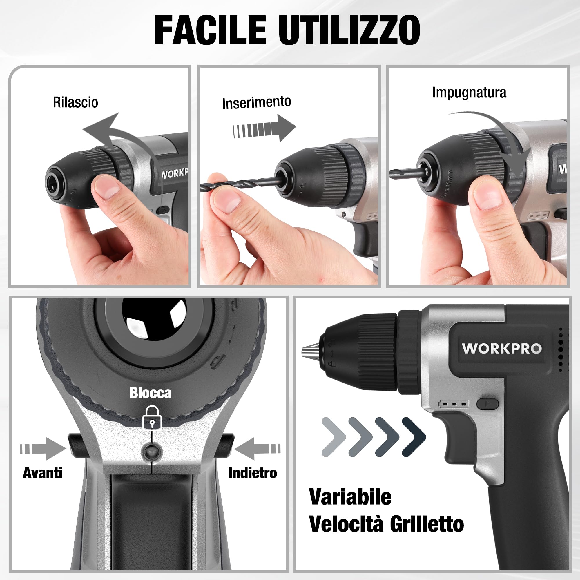 WORKPRO Trapano a Batteria 8V, Trapano Elettrico con Mandrino da 10 mm | Cacciavite Elettrico, Cacciavite con Velocità Variabile, Cacciavite Ricaricabile Tipo C, con 15 Accessori, Nero