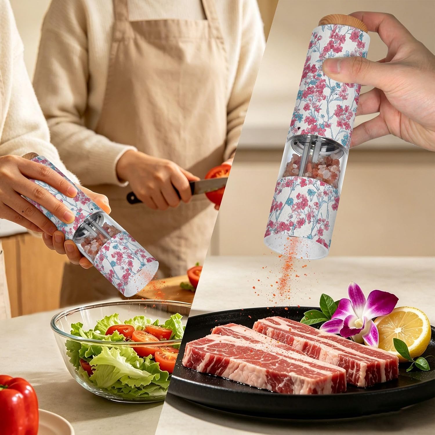 ALAZA Electric Pepper Grinder with Adjustable Coarseness, Pink Blue Flower Pattern Battery Automatic Salt and Pepper Mill with Led, One-Handed Operation Spice Grinder for Kitchen, Camping & BBQ