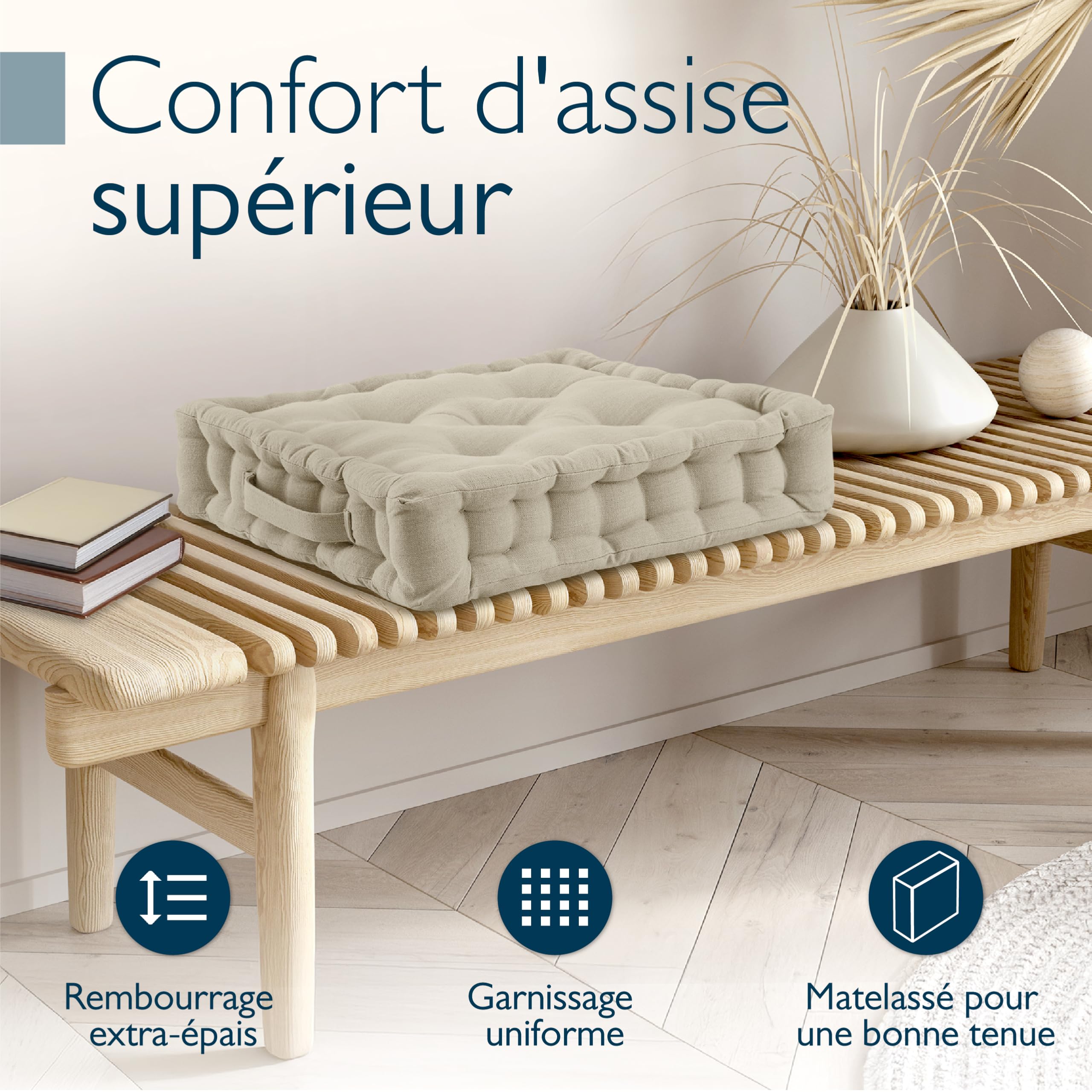 Beauitssu Set de 4 Coussins de Sol Coussin d'assise 50x50 cm - Coussin Matelas épais 10cm - 100% Coton Coussin de Chaise Intérieur & Extérieur Poignée de Transport Coussin d'assise Lin - Mila