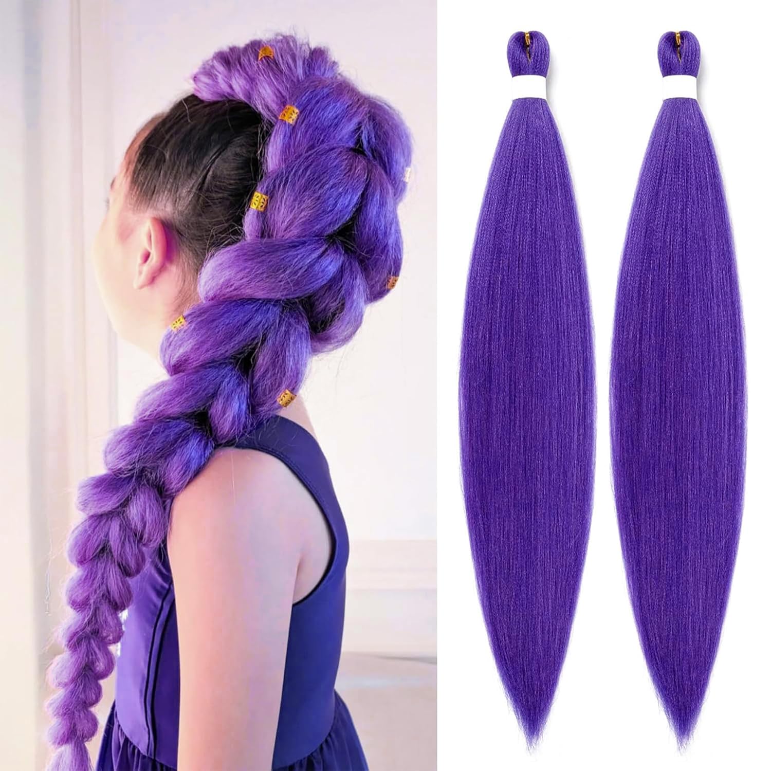 Purple Hair Extensions, 2PCS Purple Braiding Hair, 26 Inch Pre Stretched Synthetic Braiding Hairs for Stage Party Cosplay Lovers, Unique Gifts for Women Girls