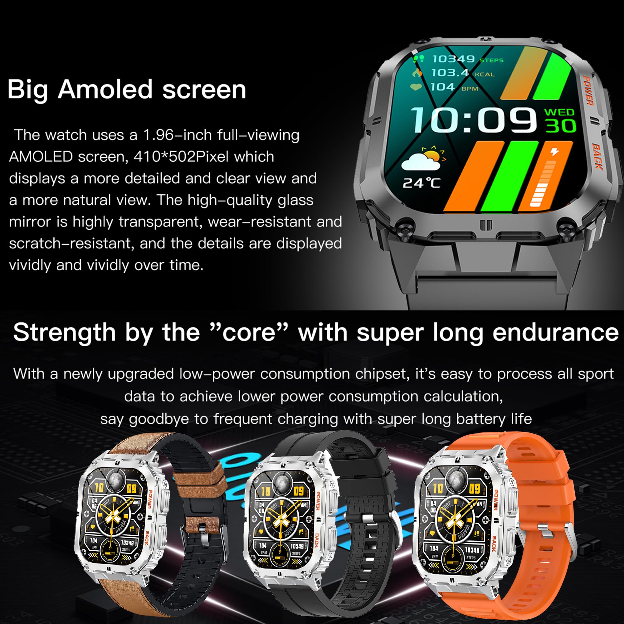 Smartwatch Uomo Chiamate e Risposta Bluetooth, 1,96'' AMOLED Orologio Fitness Sportivo Activity Fitness Tracker, Cardiofrequenzimetro, Sonno, Notifiche Messaggi, Smart Watch per Android/iOS (Argento)