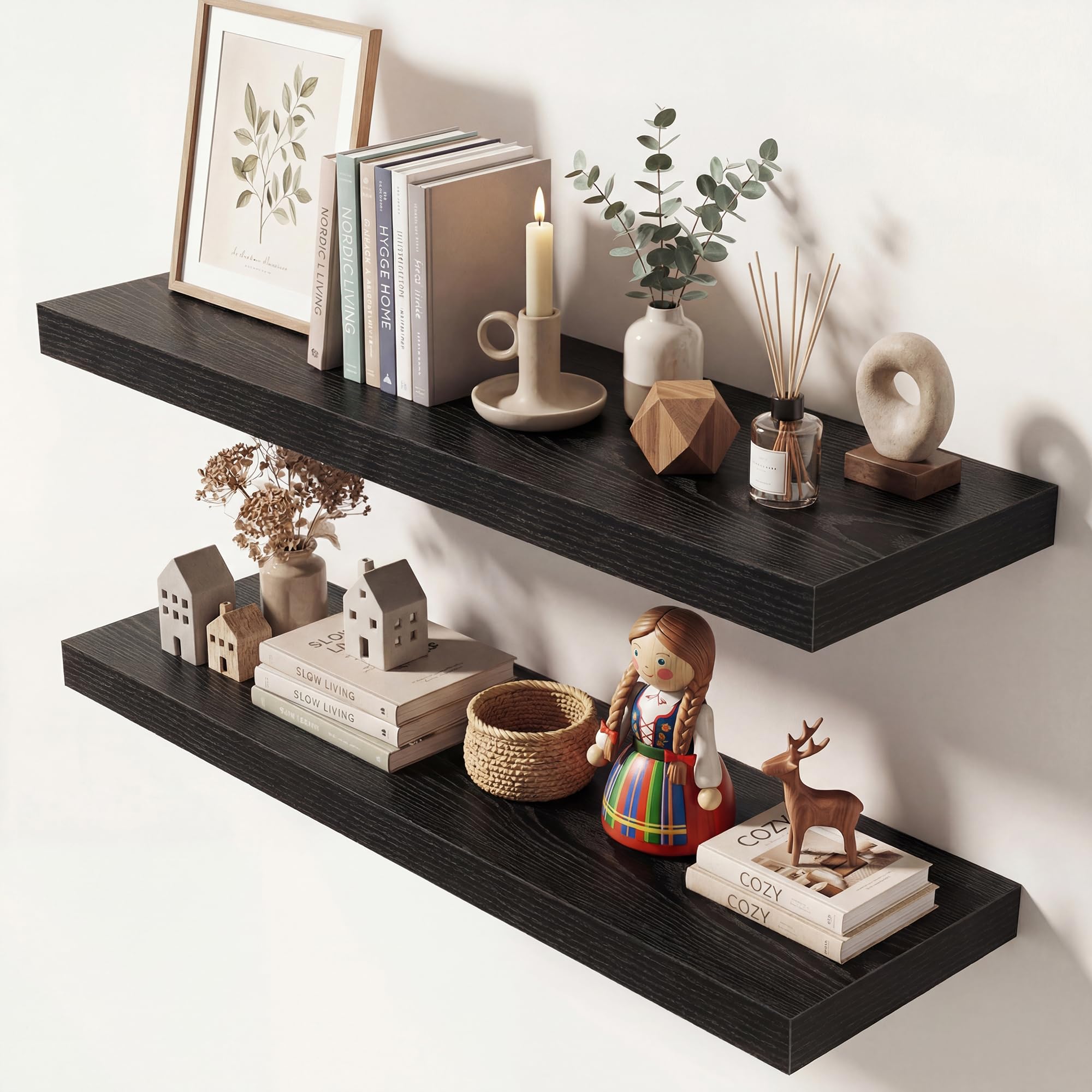 Dreamland 32 Inches Floating Shelves for Wall, 9.3" Deep Long Floating Shelves Set of 2, Large Display &amp; Storage Shelf, Wall Shelf for Bathroom Bedroom Living Room Kitchen Office, Black