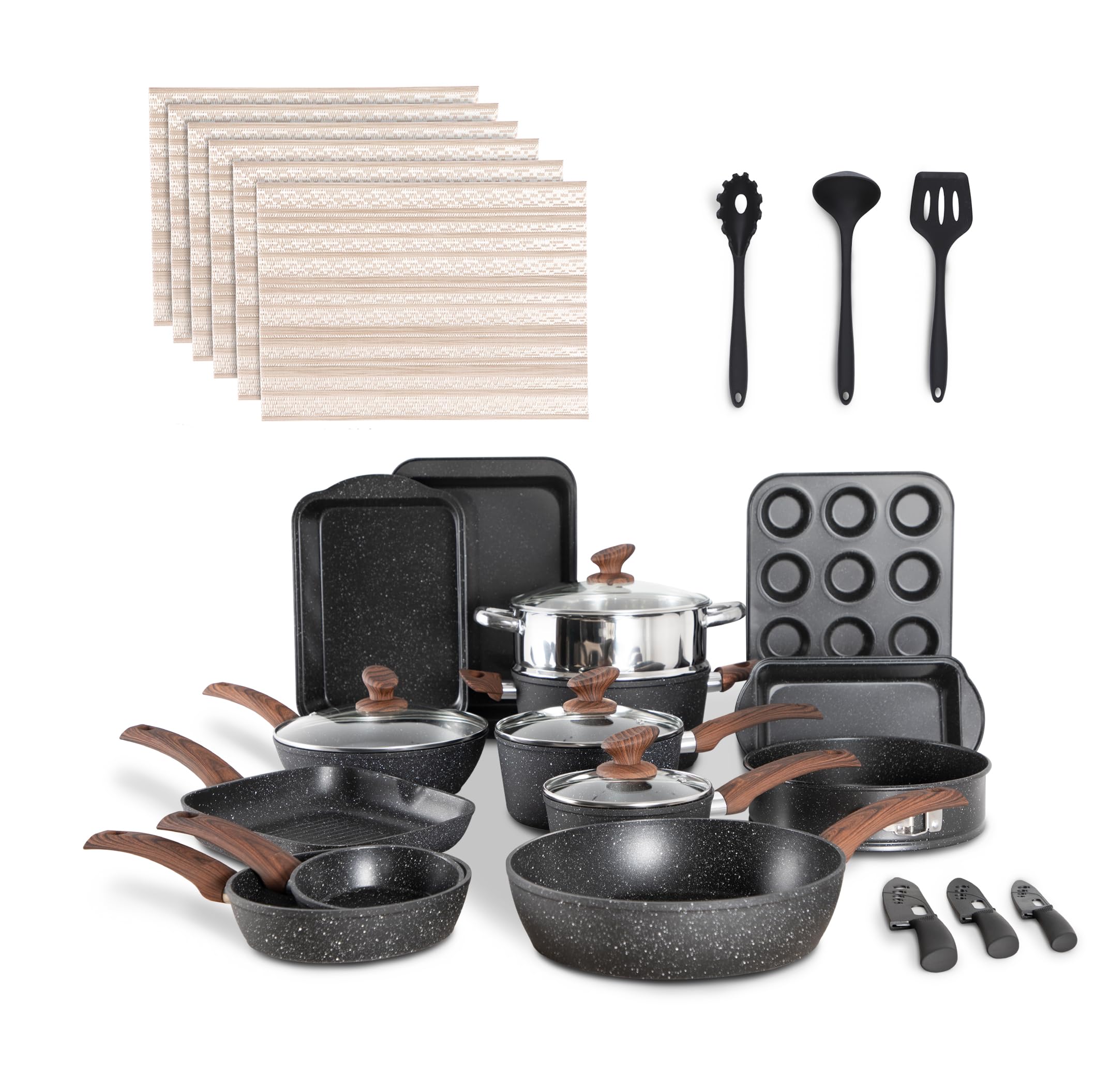 MAISON ARTS 30 Piece Pots and Pans Set Non Stick, Kitchen Cookware & Bakeware Sets with Nonstick Granite Coating, Baking Tray, Frying Pan and Saucepan, Black