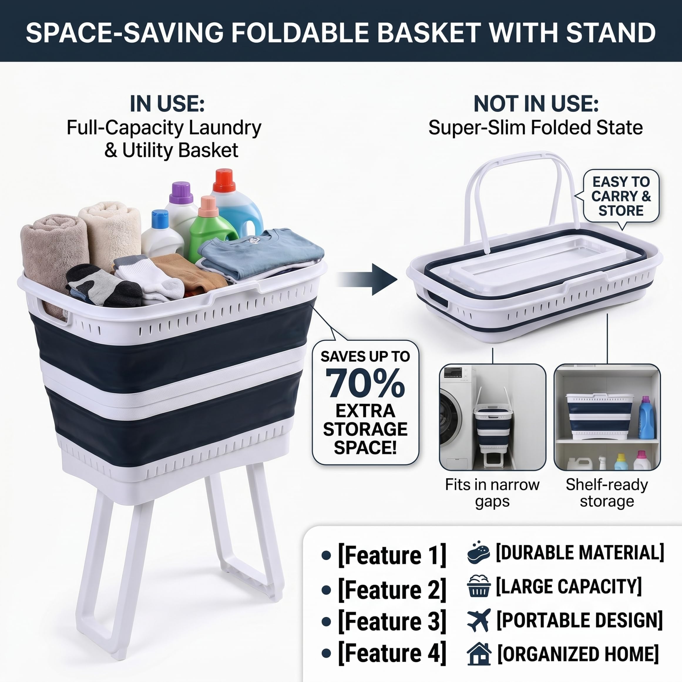 Cesto Portabiancheria Pieghevole in Plastica con Gambe, Cesto Pieghevole di Capacità da 26 Litri con Manici per Bagno, Camera da Letto, Cucina, Sala Giochi, Dormitorio, Blu Scuro