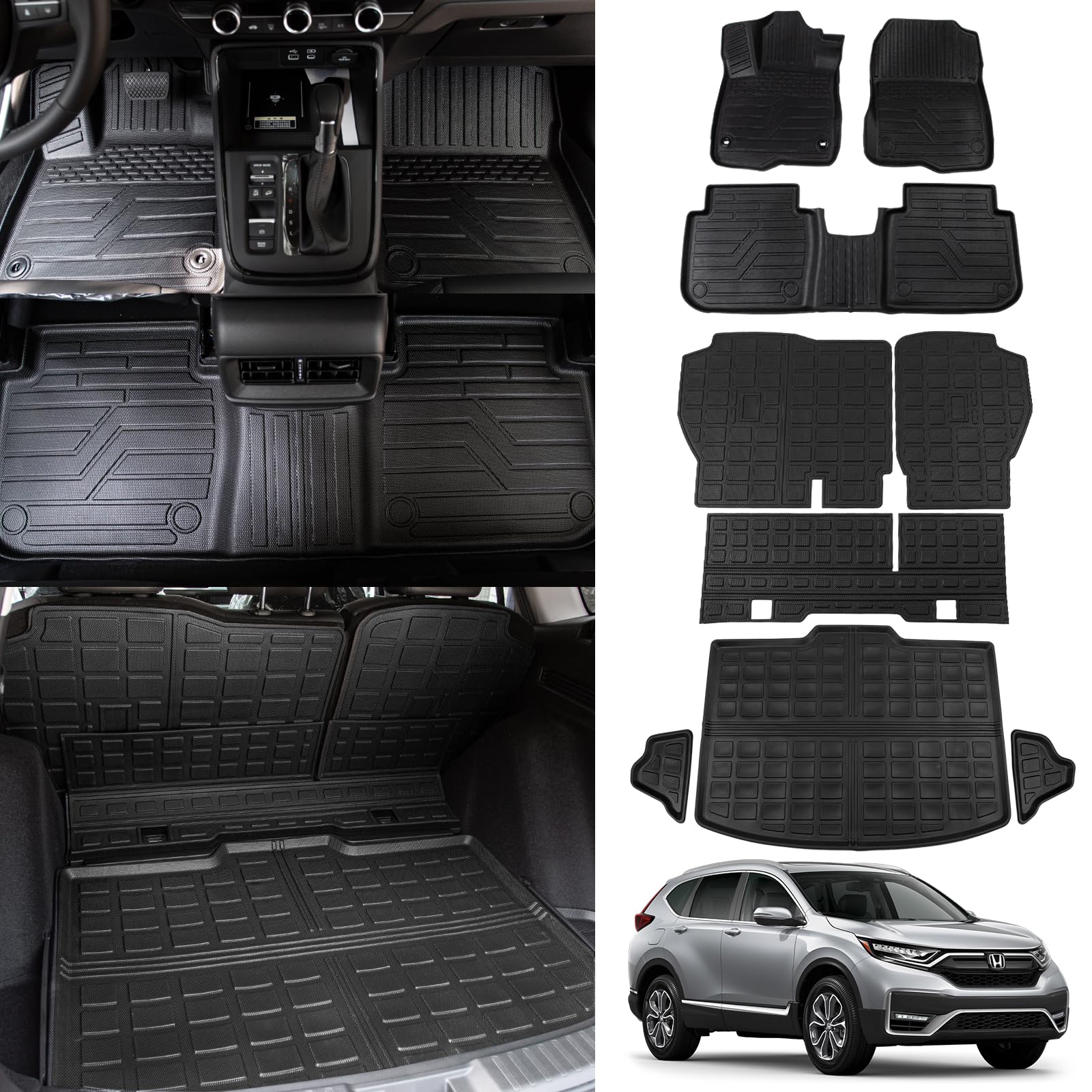 Thinzyou Floor Mats Compatible with 2023 2024 Honda CRV Cargo Mats Liner TPE All Weather Back Seat Cover Trunk Mats Fuel CR-V Accessories Non-Hybrid (Lower Deck, Trunk Mat+Backrest Mats+Floor Mats)