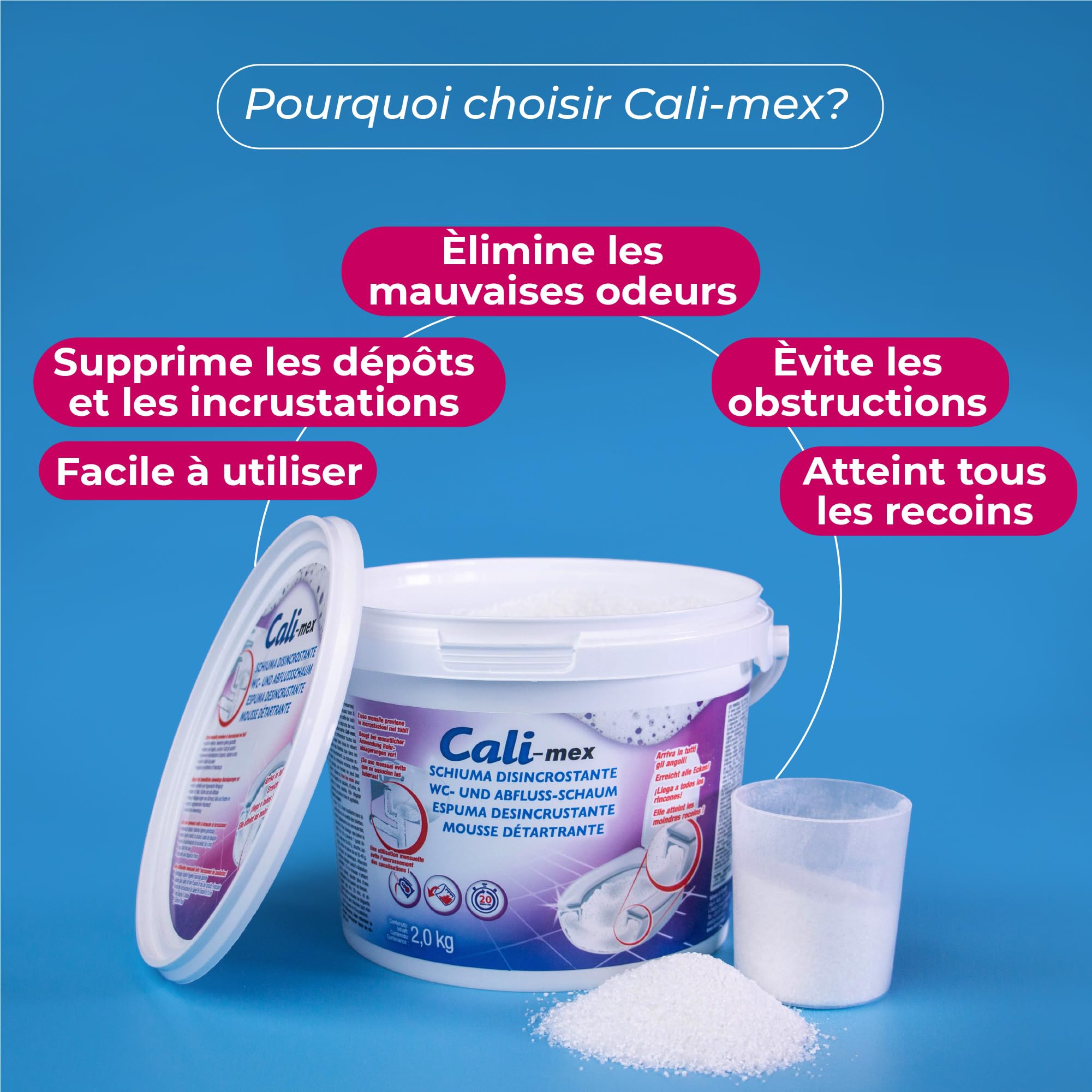 Cali-mex Mousse pour le nettoyage des siphons et des canalisations. Élimine les mauvaises odeurs, prévient les blocages et les obstructions dans les lavabos, les douches et les toilettes. 2 kg