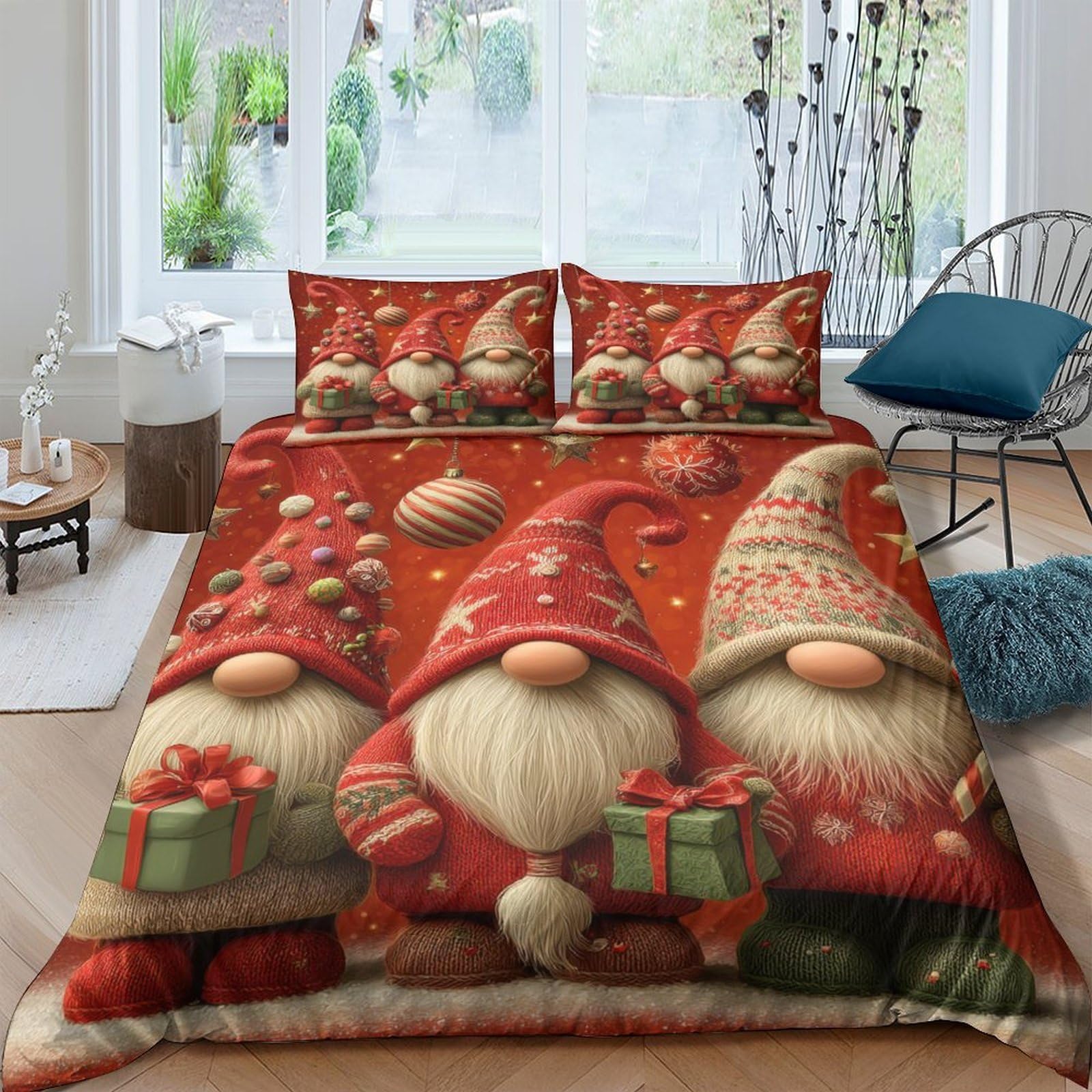 GPLZQXKJNH 3D Printed Christmas Gnome Duvet Cover Microfiber Soft Breathable Nordic Gift Bedding Set with 2 Pillowcases for Bedroom Decor Single（135x200cm）